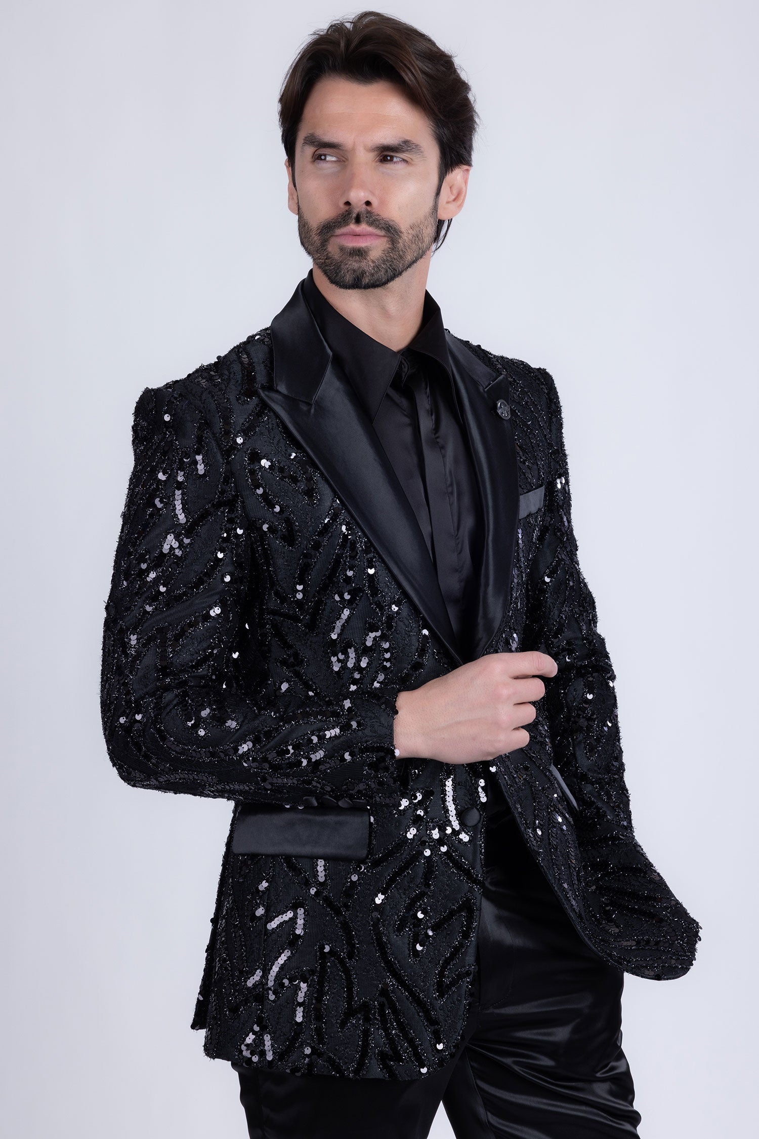 Barabas Men's Floral Sequin Embroidered Design Peak Lapel Blazer 5BL09 Black