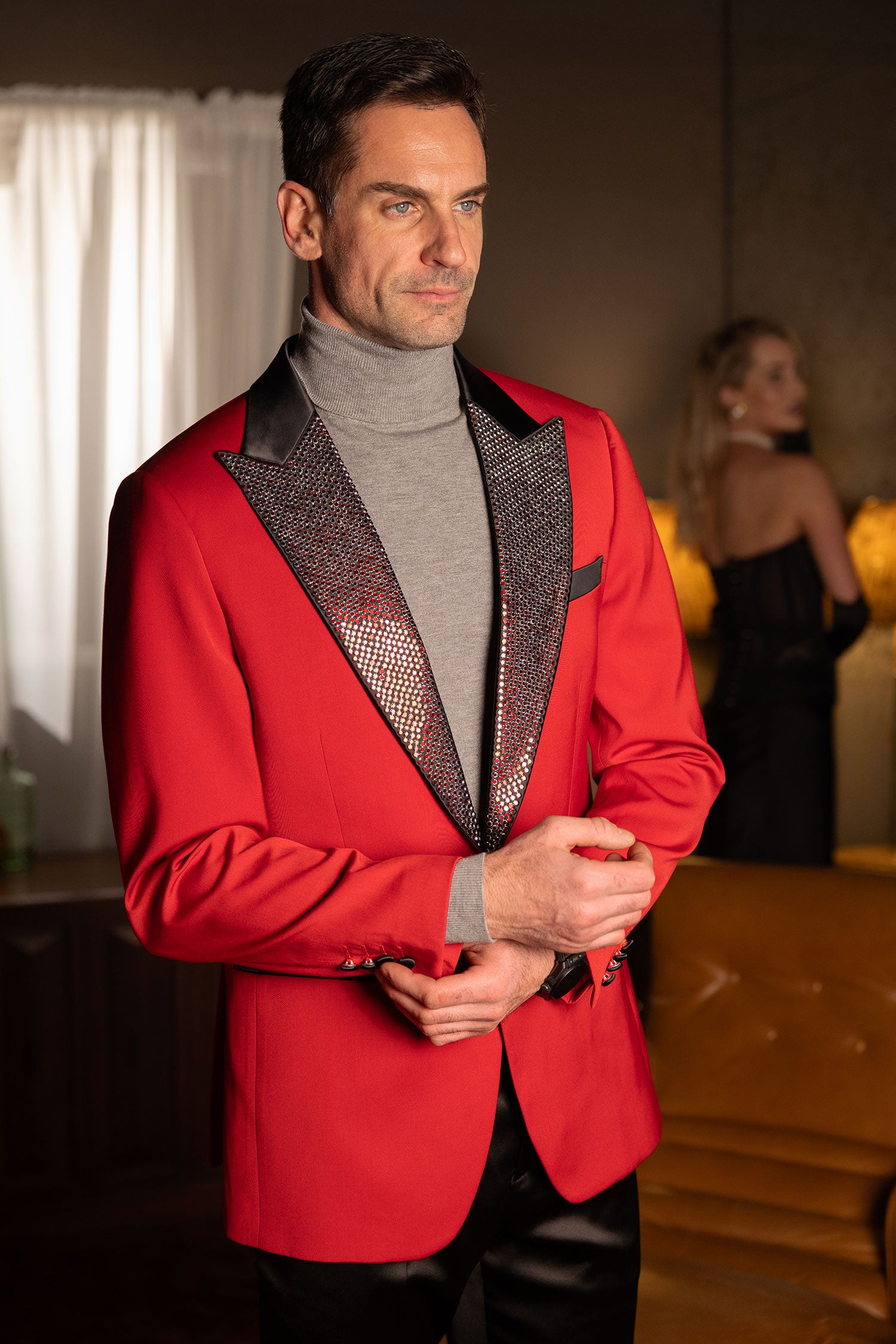 Barabas Men's Rhinestone Geometric Design Peak Lapel Blazer 5BL12 Red