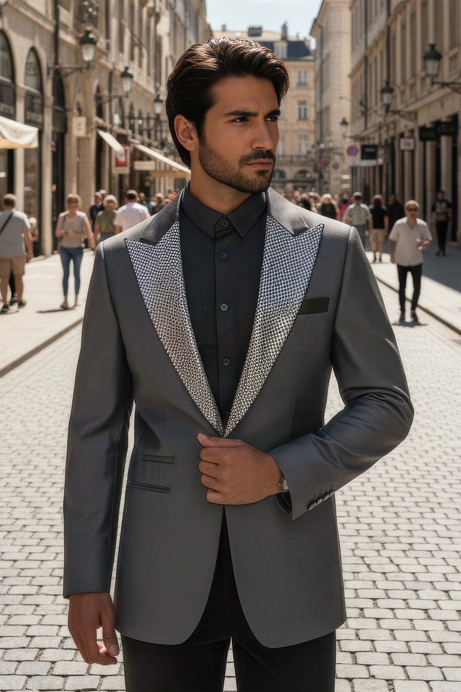 Barabas Men's Rhinestone Geometric Design Peak Lapel Blazer 5BL12 Grey