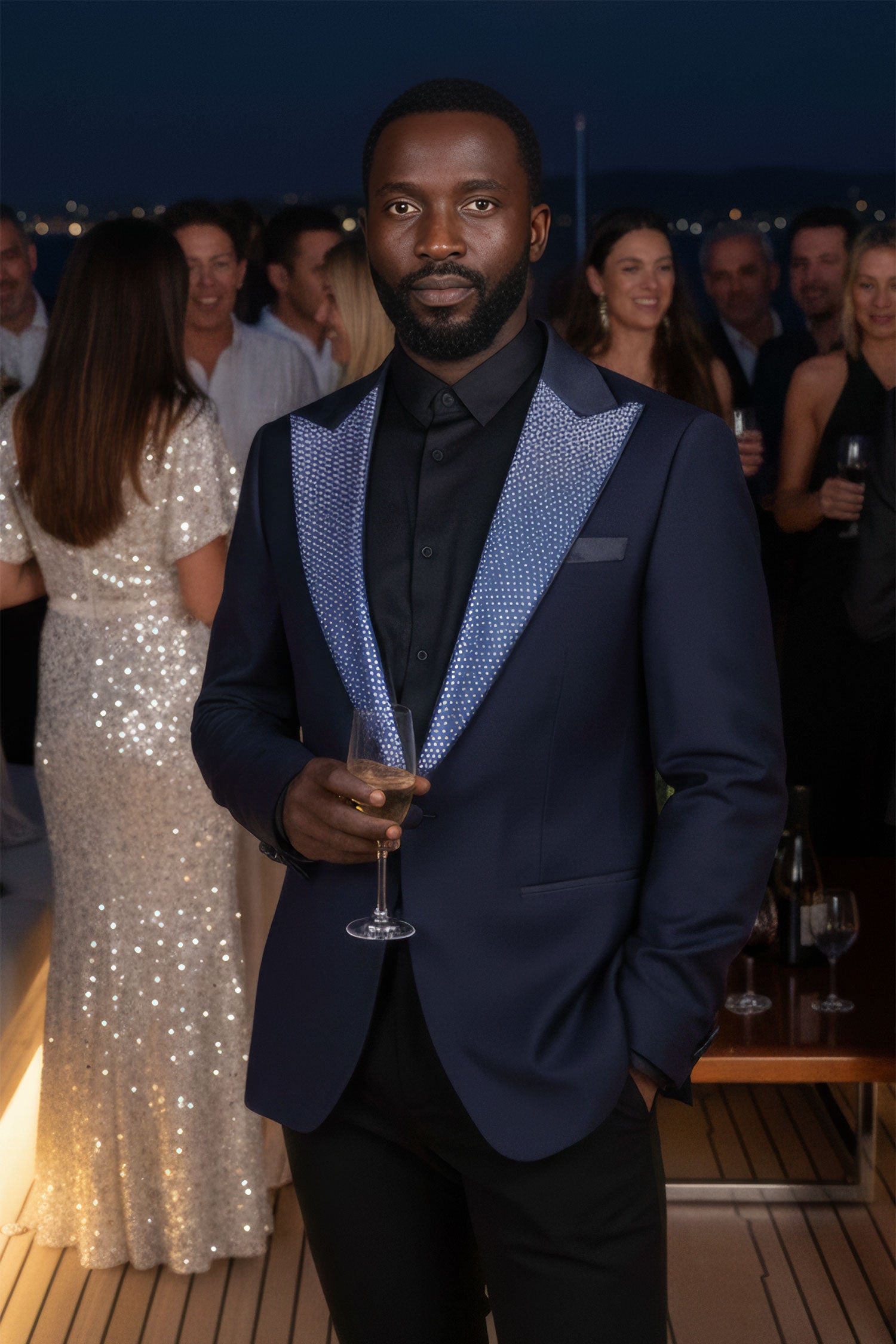 Barabas Men's Rhinestone Geometric Design Peak Lapel Blazer 5BL12 Navy