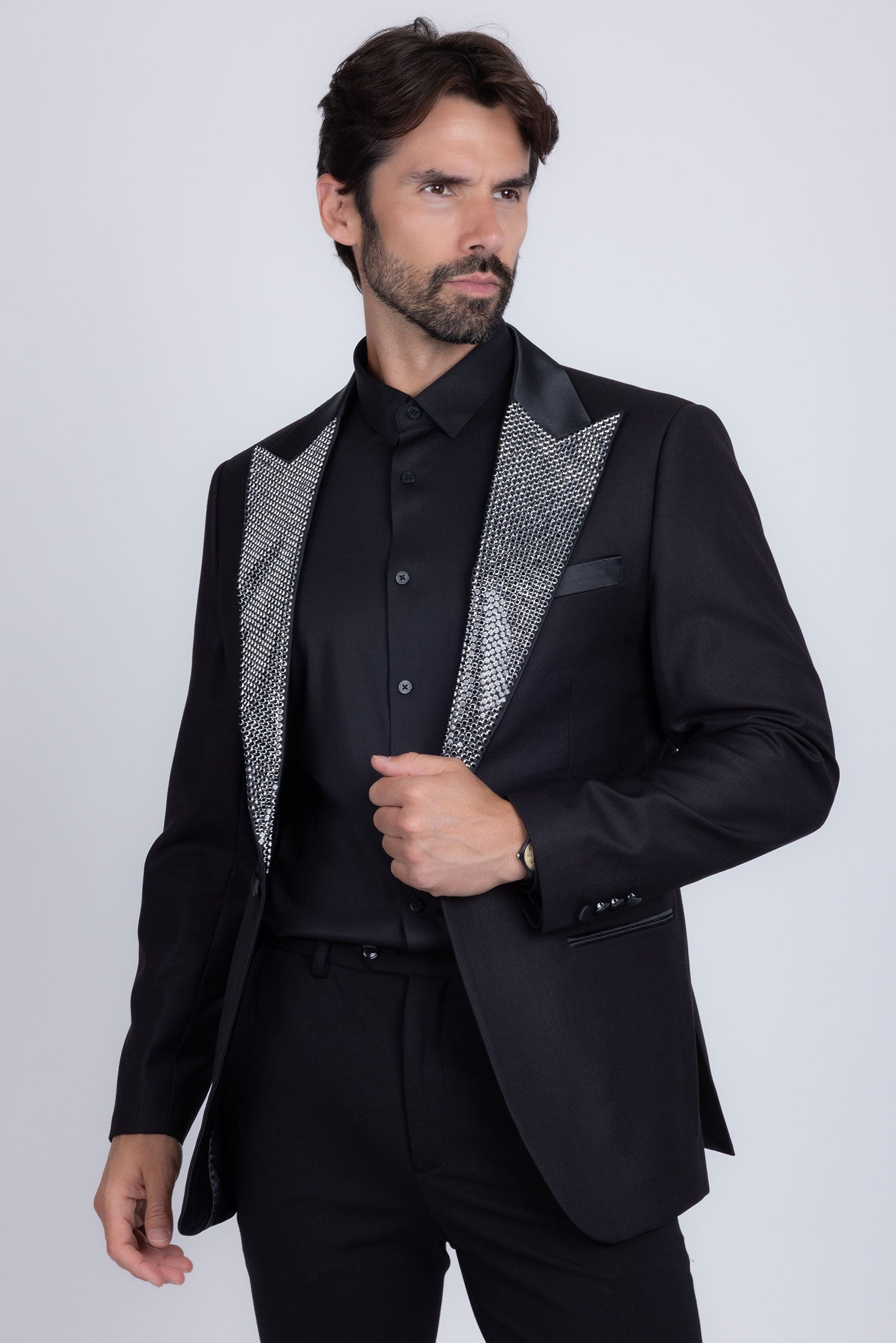 Barabas Men's Rhinestone Geometric Design Peak Lapel Blazer 5BL12 Black