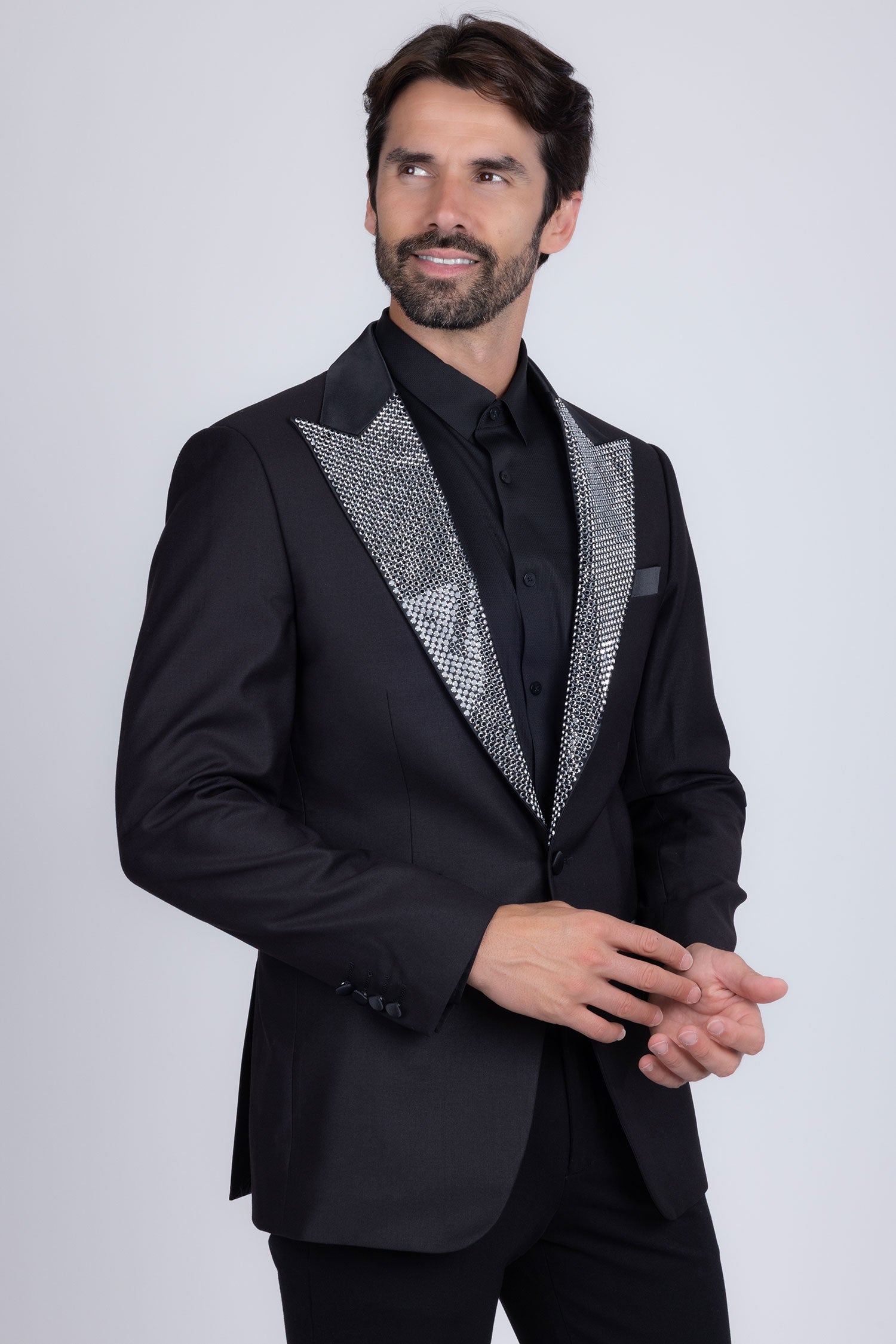 Barabas Men's Rhinestone Geometric Design Peak Lapel Blazer 5BL12 Black