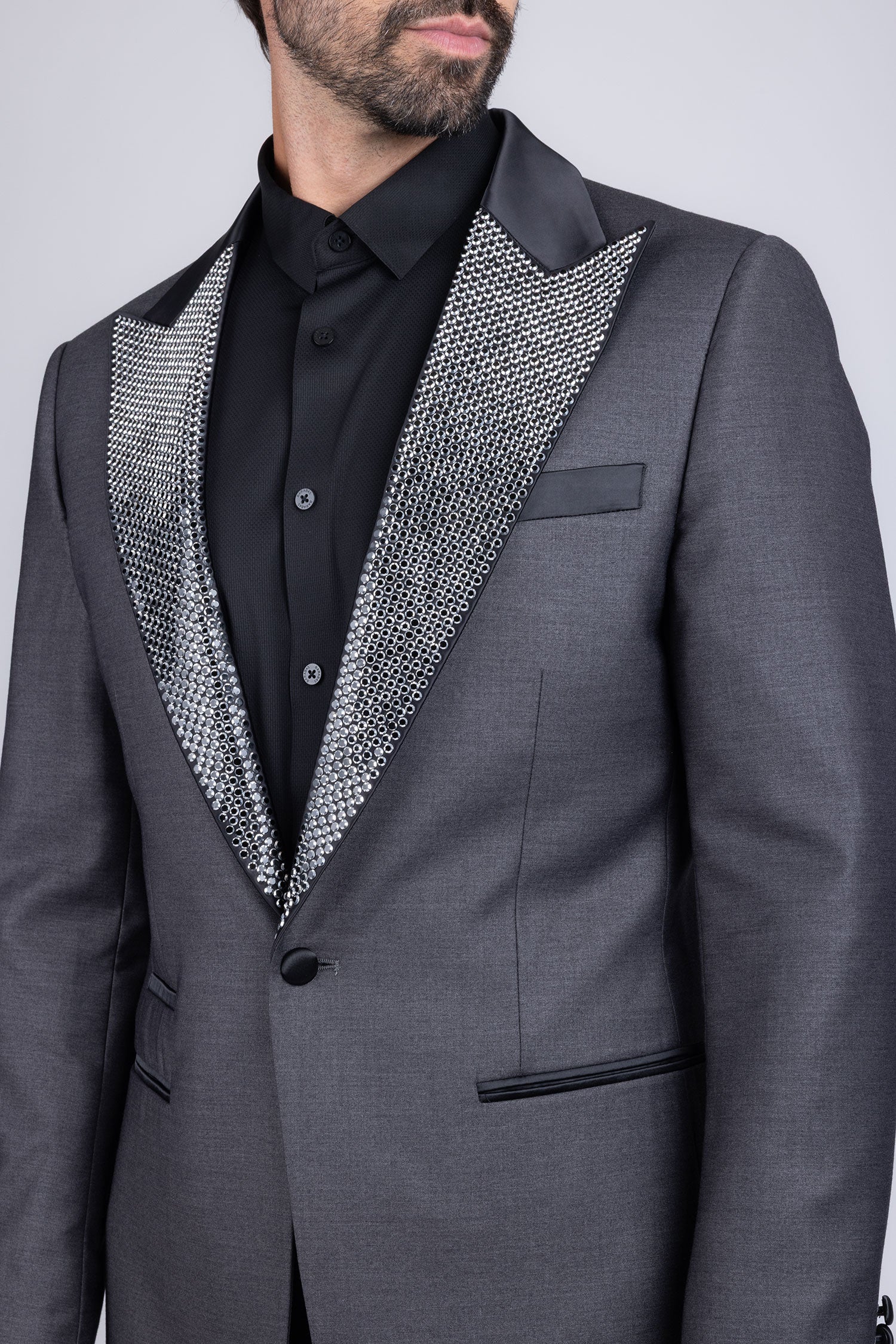 Barabas Men's Rhinestone Geometric Design Peak Lapel Blazer 5BL12 Grey