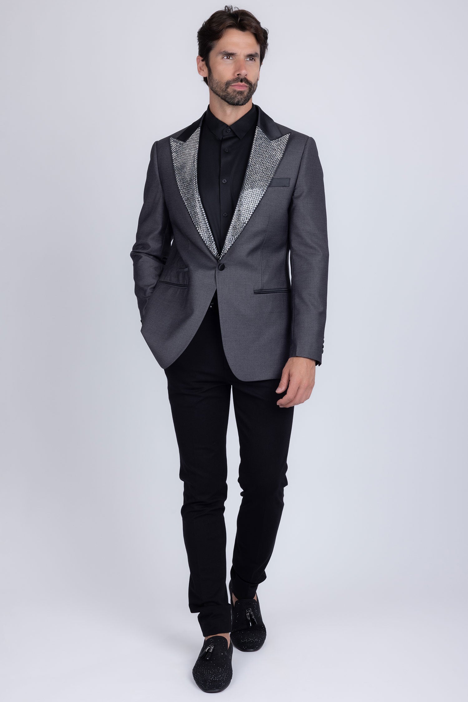 Barabas Men's Rhinestone Geometric Design Peak Lapel Blazer 5BL12 Grey