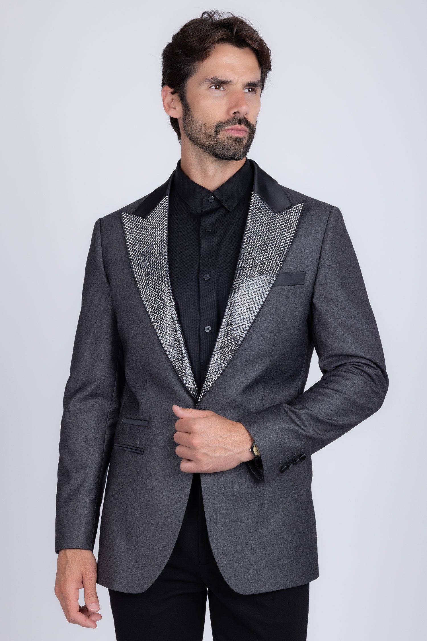 Barabas Men's Rhinestone Geometric Design Peak Lapel Blazer 5BL12 Charcoal