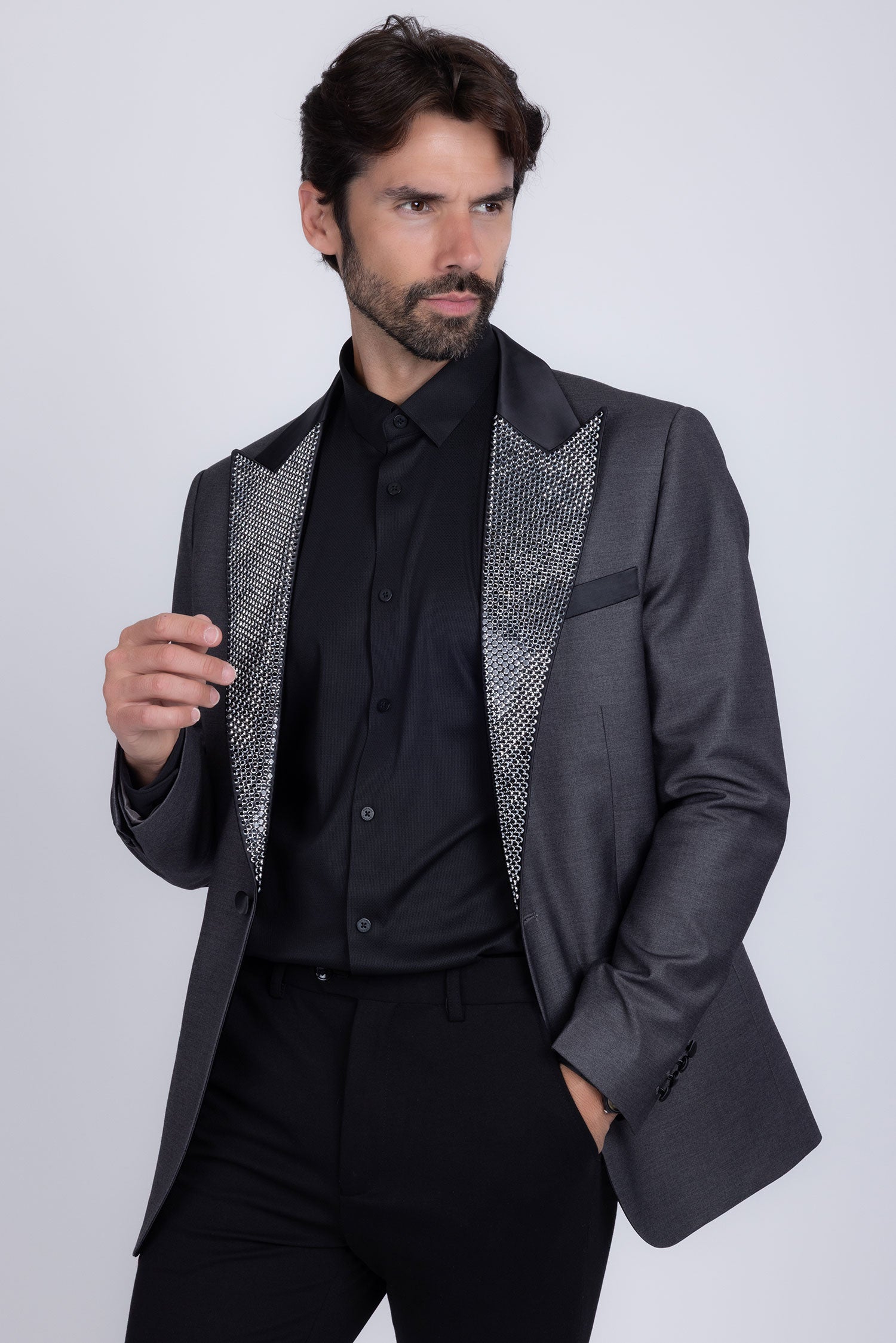 Barabas Men's Rhinestone Geometric Design Peak Lapel Blazer 5BL12 Charcoal