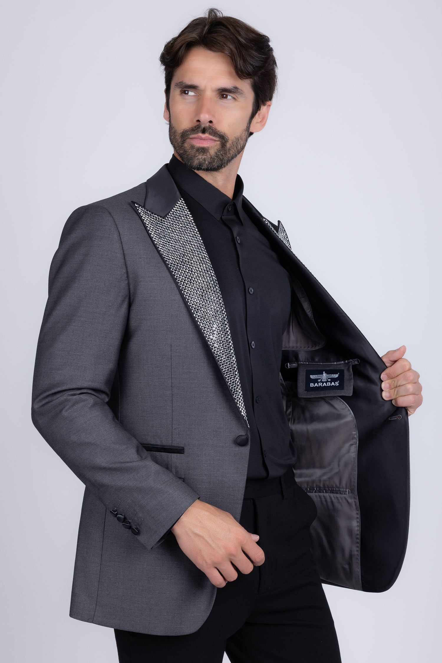 Barabas Men's Rhinestone Geometric Design Peak Lapel Blazer 5BL12 Grey