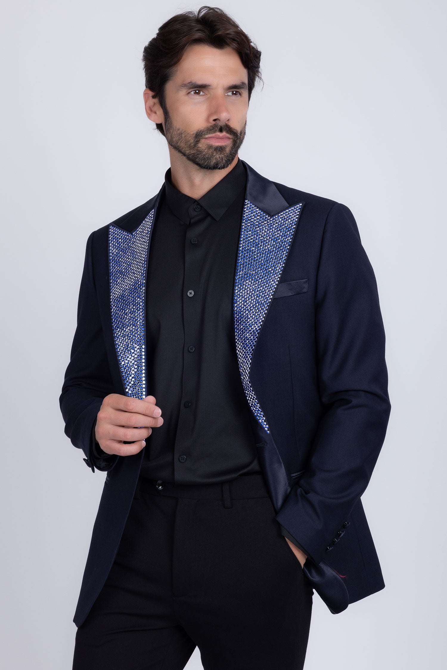 Barabas Men's Rhinestone Geometric Design Peak Lapel Blazer 5BL12 Navy