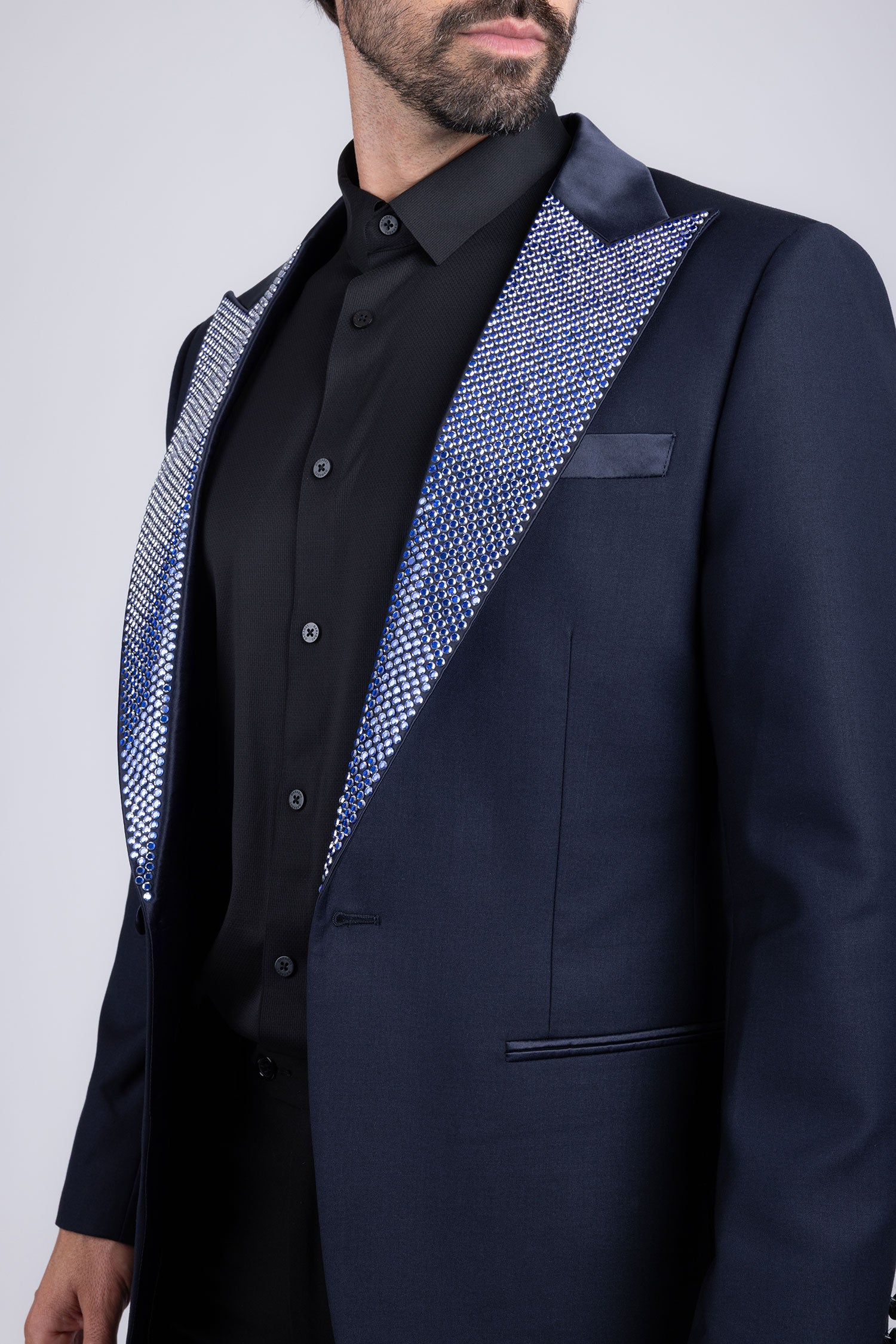 Barabas Men's Rhinestone Geometric Design Peak Lapel Blazer 5BL12 Blue