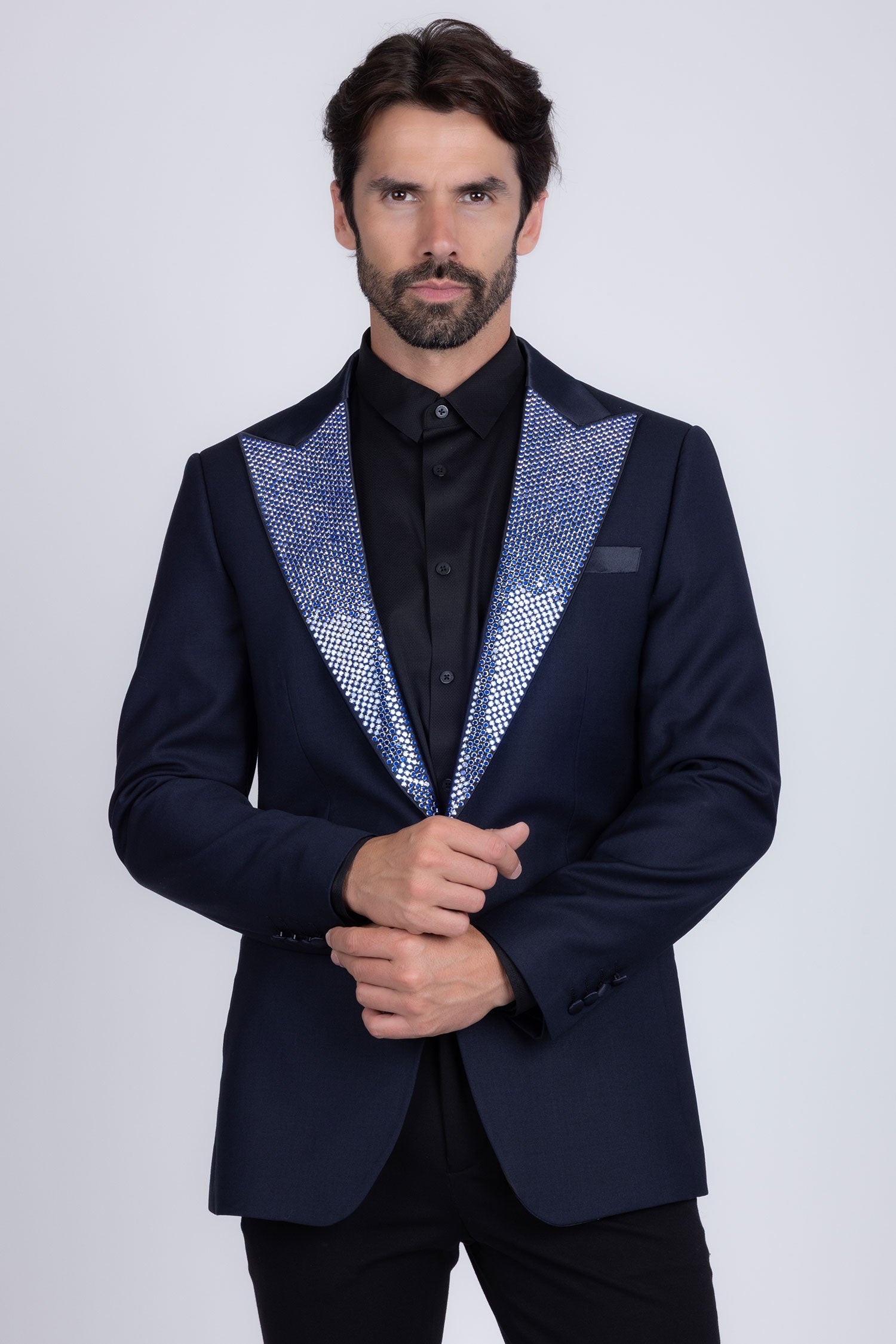 Barabas Men's Rhinestone Geometric Design Peak Lapel Blazer 5BL12 Navy