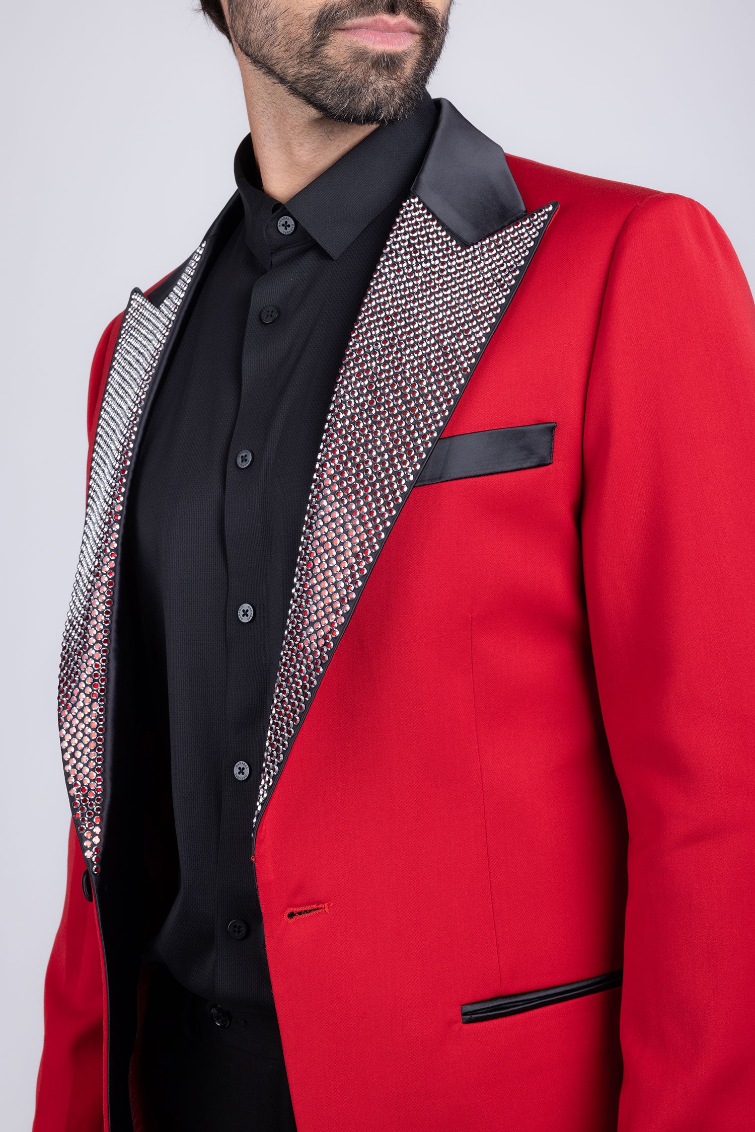 Barabas Men's Rhinestone Geometric Design Peak Lapel Blazer 5BL12 Red