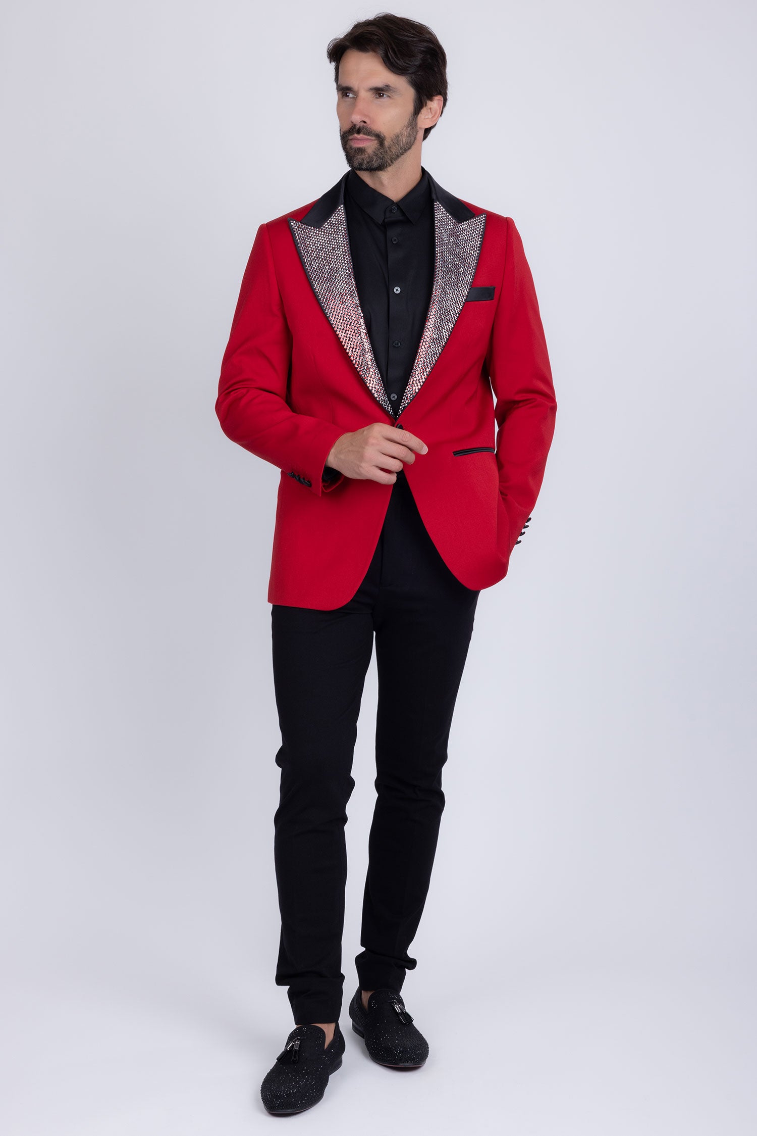 Barabas Men's Rhinestone Geometric Design Peak Lapel Blazer 5BL12 Red