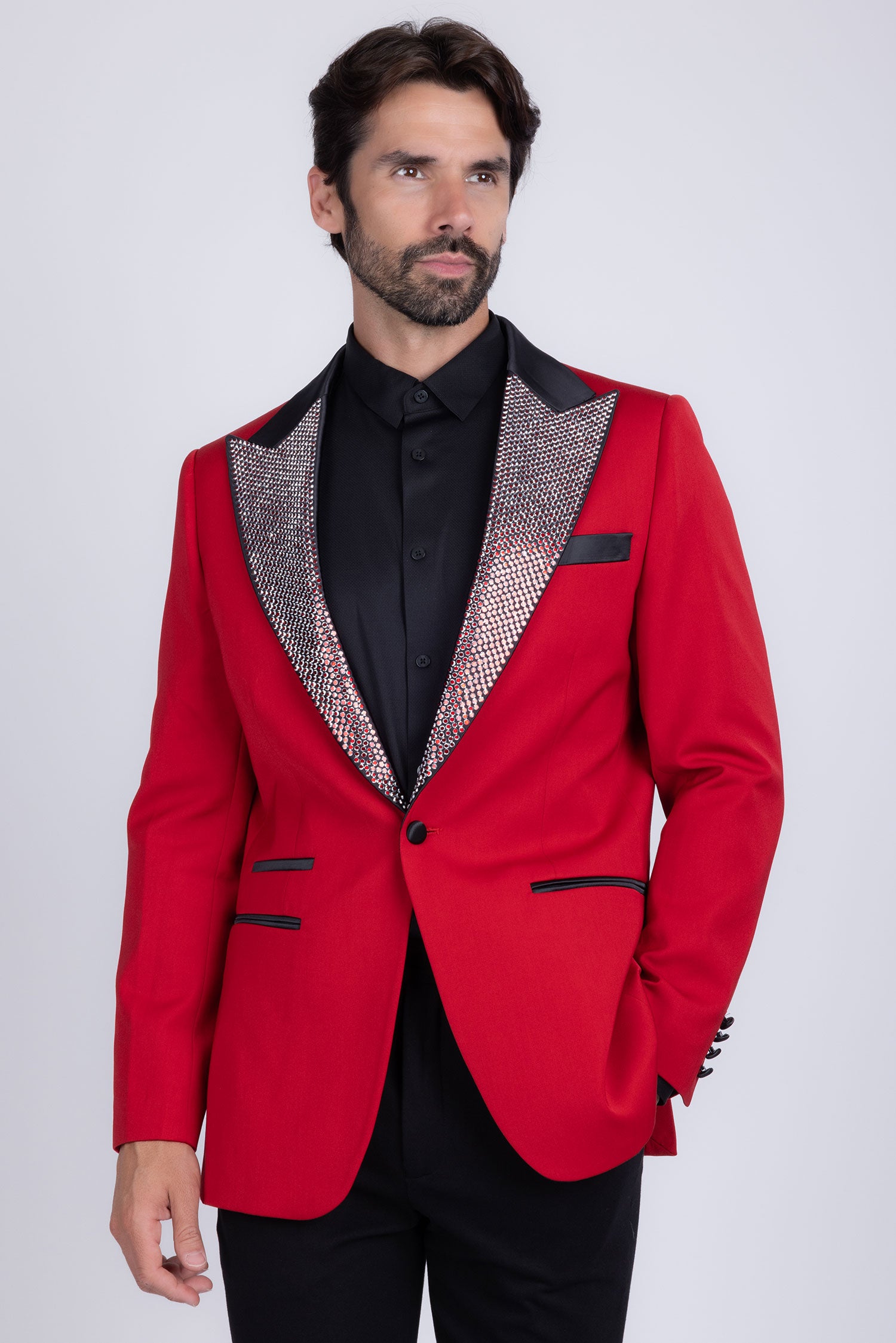 Barabas Men's Rhinestone Geometric Design Peak Lapel Blazer 5BL12 Red