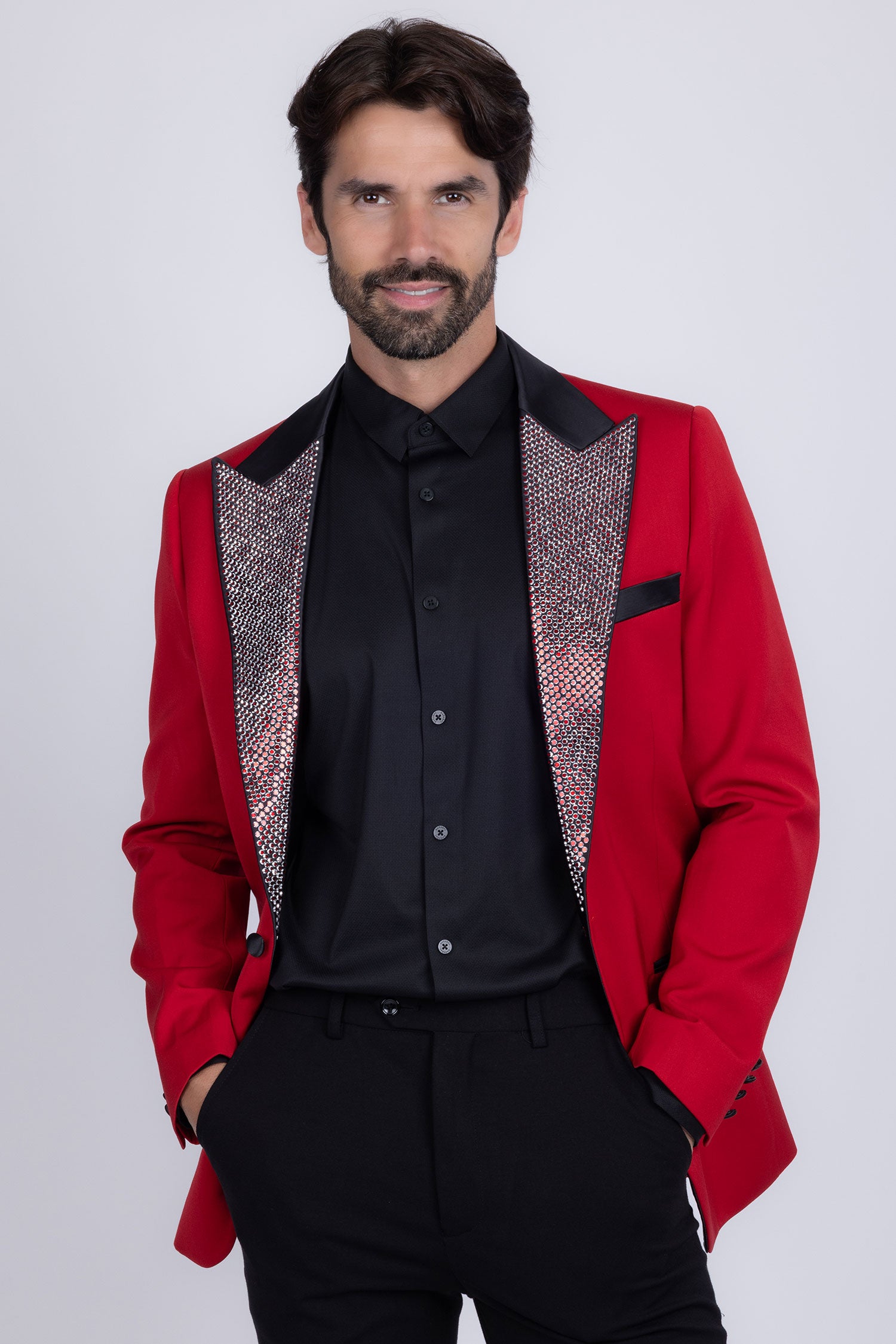 Barabas Men's Rhinestone Geometric Design Peak Lapel Blazer 5BL12 Red