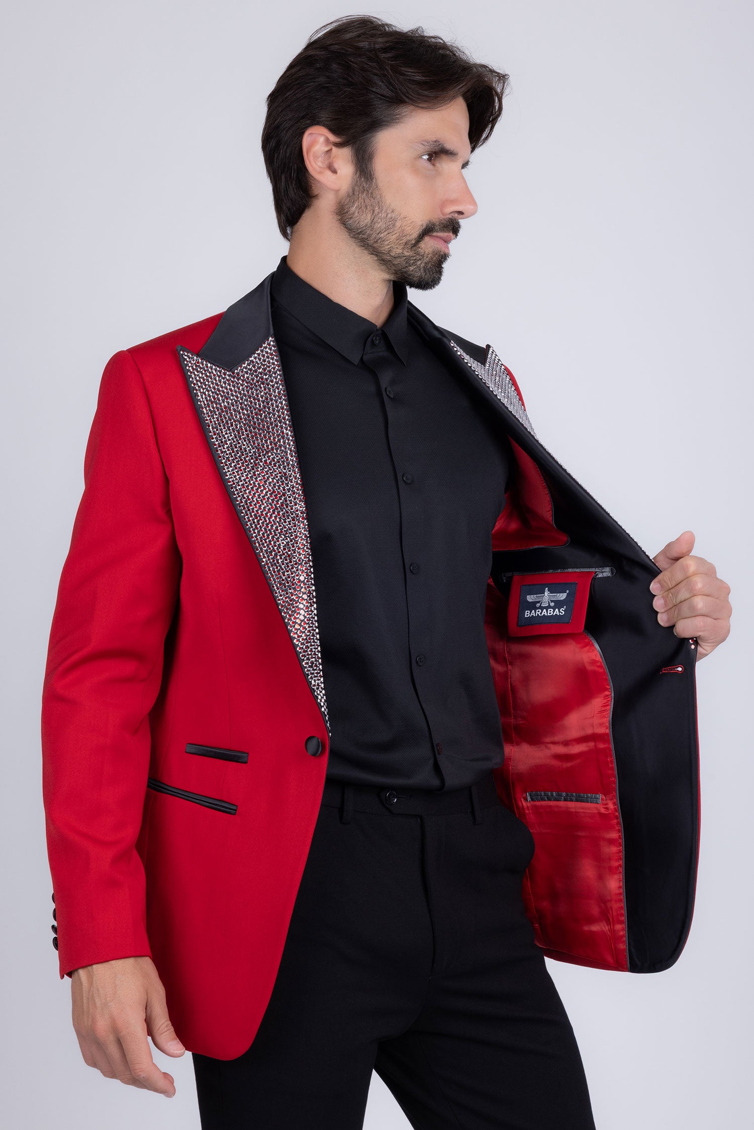 Barabas Men's Rhinestone Geometric Design Peak Lapel Blazer 5BL12 Red