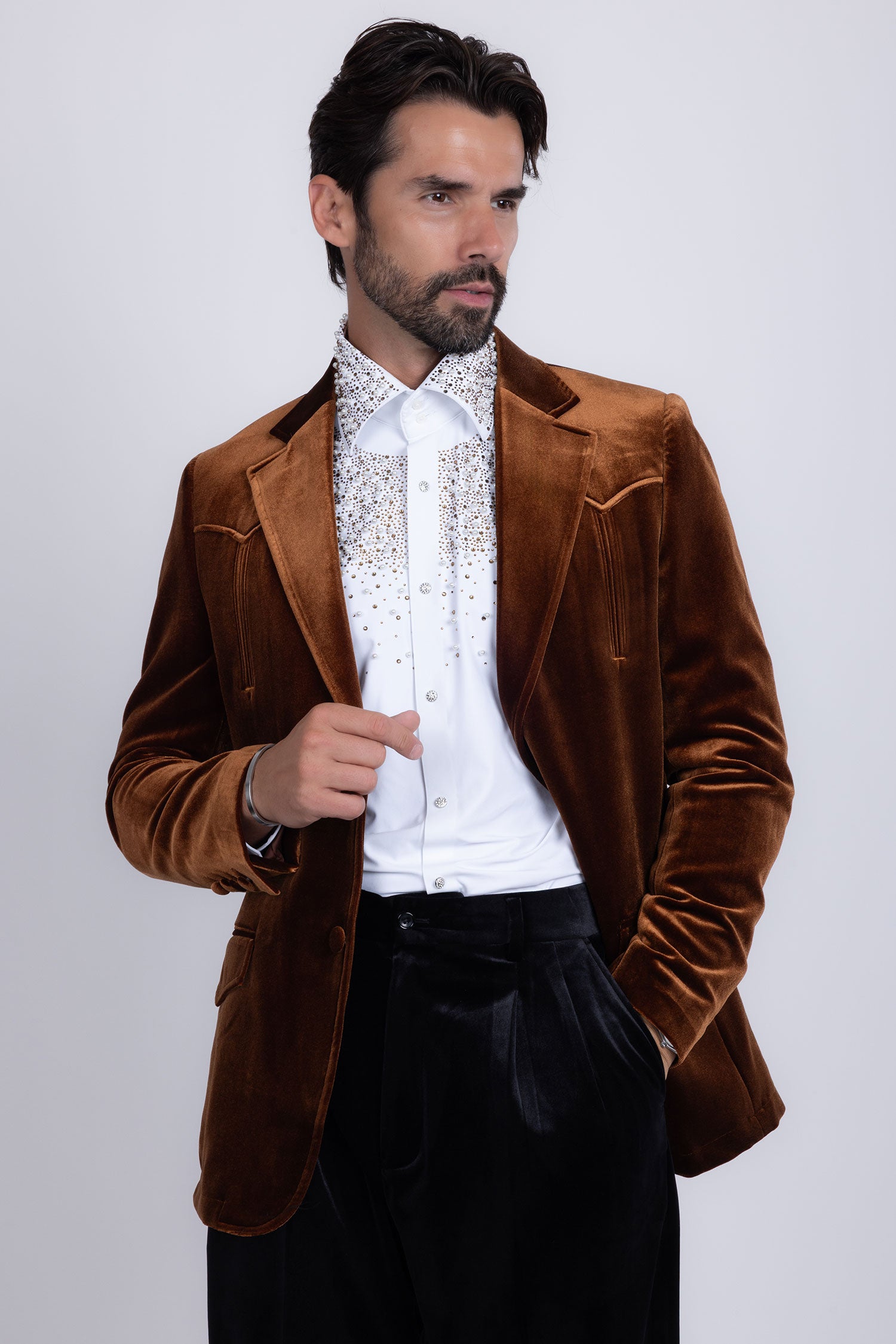 Barabas Men's Velvet Shiny Design Notch Lapel Blazer 5BL13 Brown