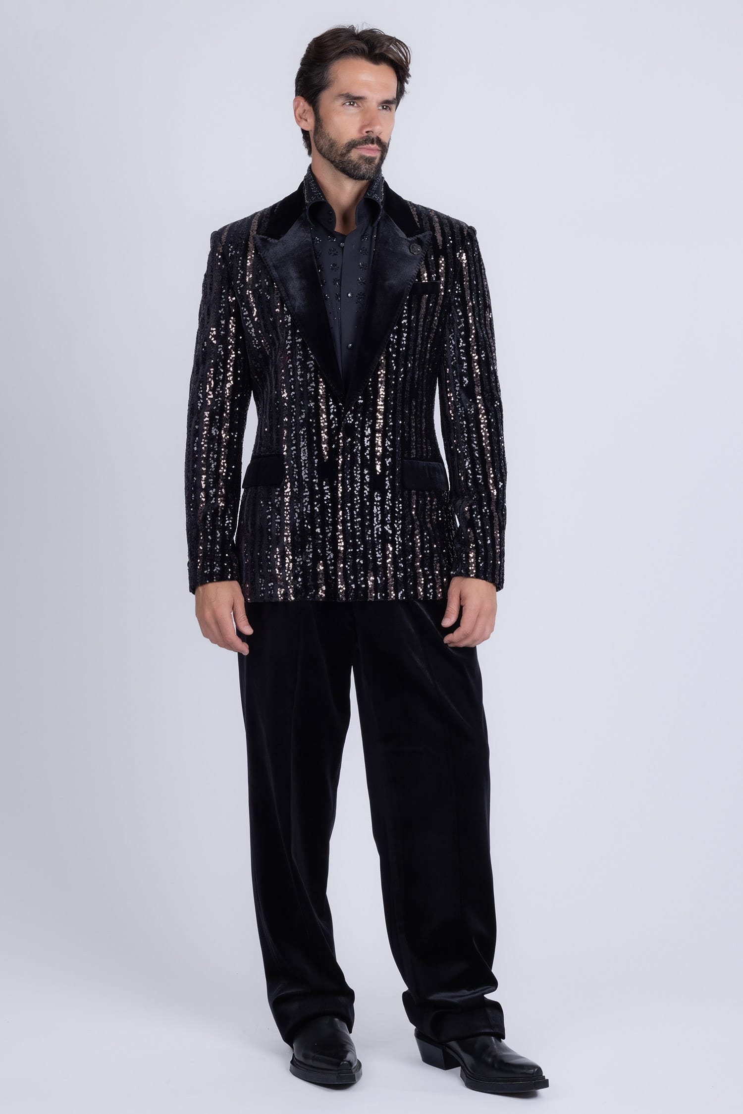 Barabas Men's Sequin Geometric Design Peak Lapel Blazer 5BL16 Black Gun Metal