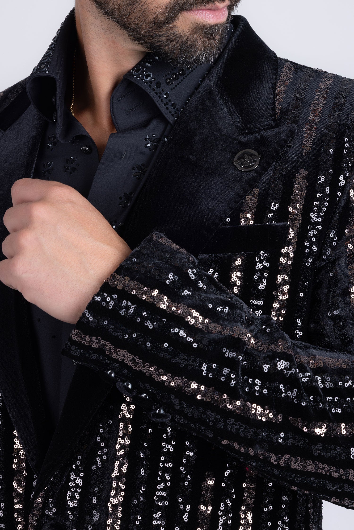 Barabas Men's Sequin Geometric Design Peak Lapel Blazer 5BL16 Gun Metal