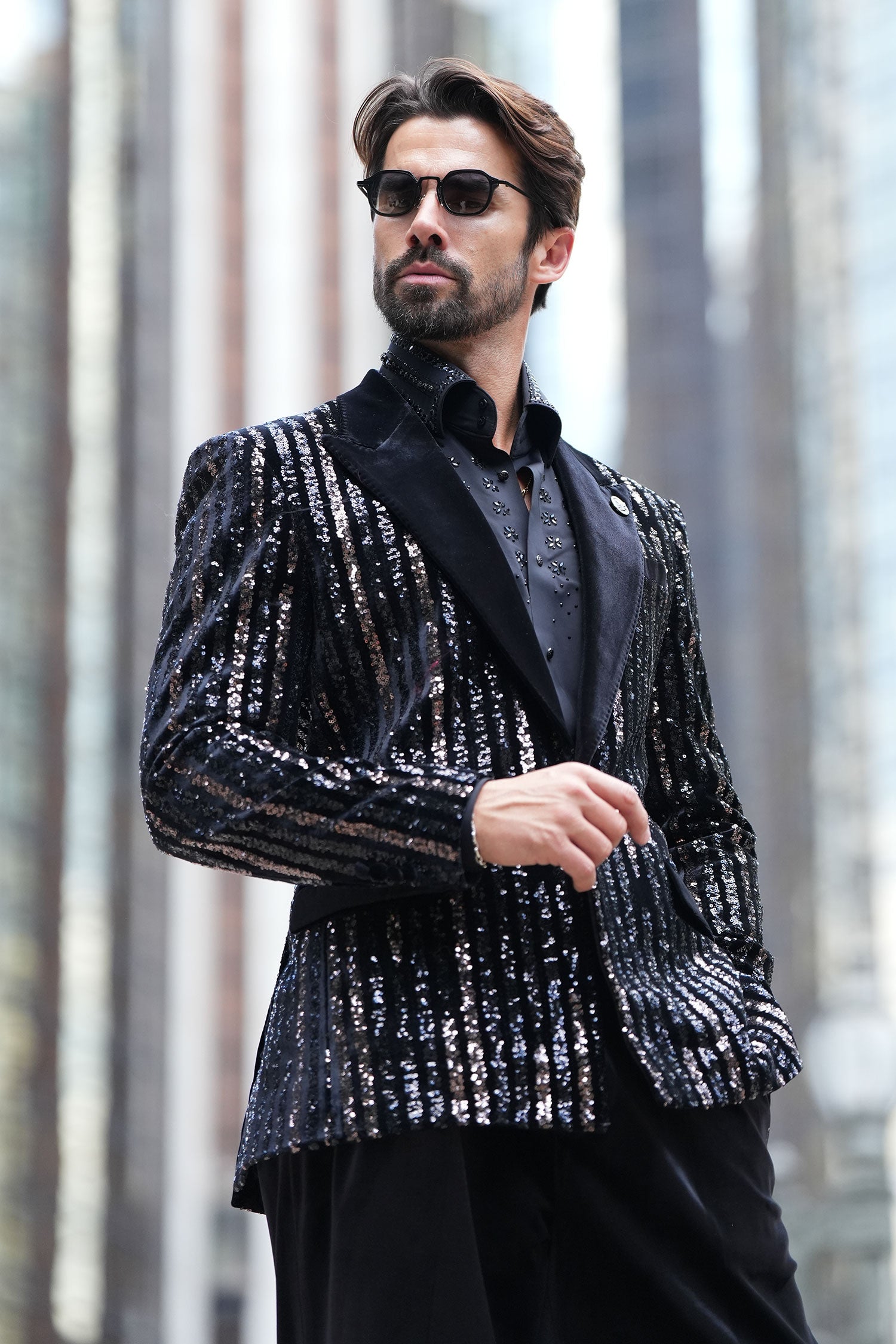 Barabas Men's Sequin Geometric Design Peak Lapel Blazer 5BL16 Black