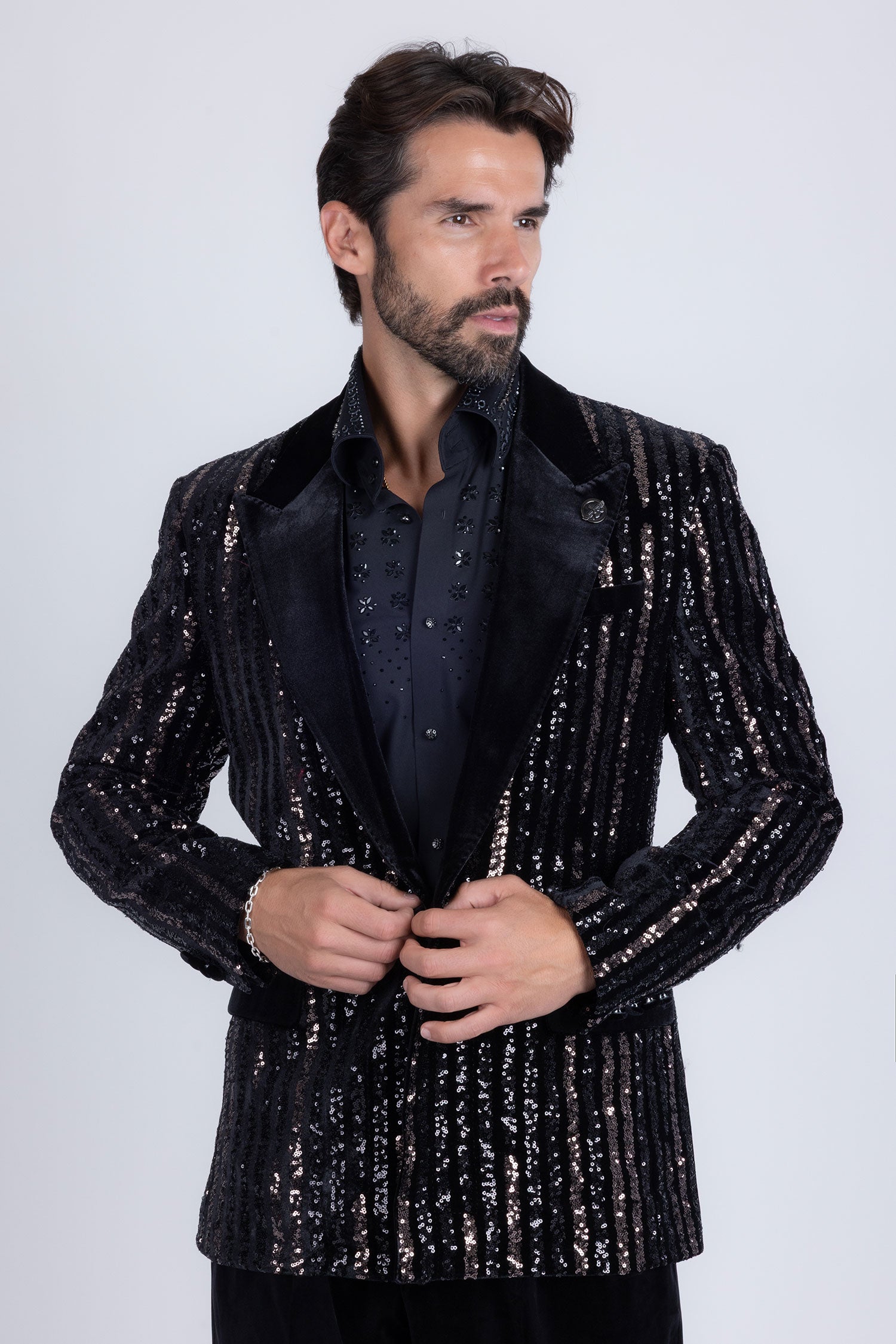 Barabas Men's Sequin Geometric Design Peak Lapel Blazer 5BL16 Gun Metal