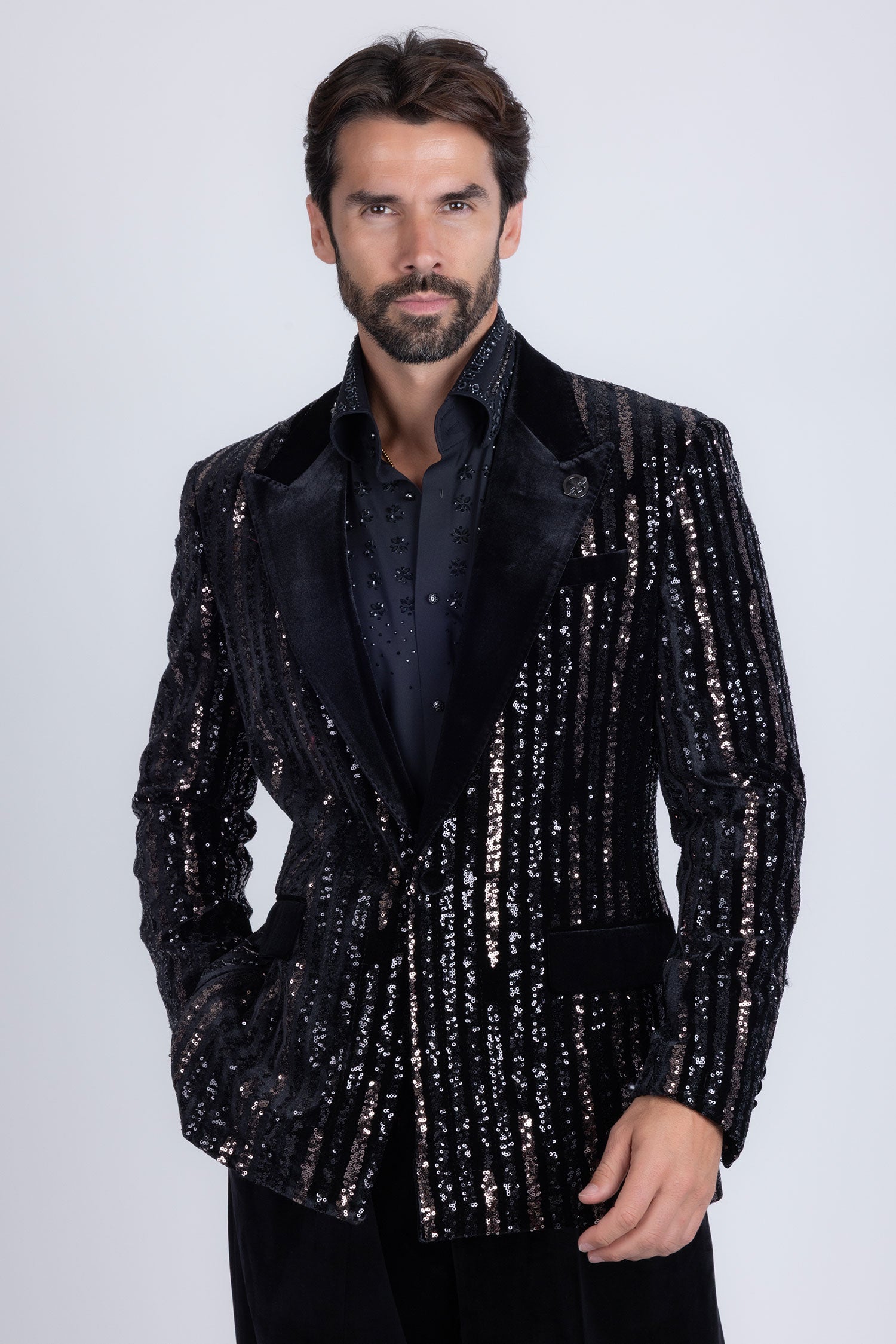 Barabas Men's Sequin Geometric Design Peak Lapel Blazer 5BL16 Gun Metal