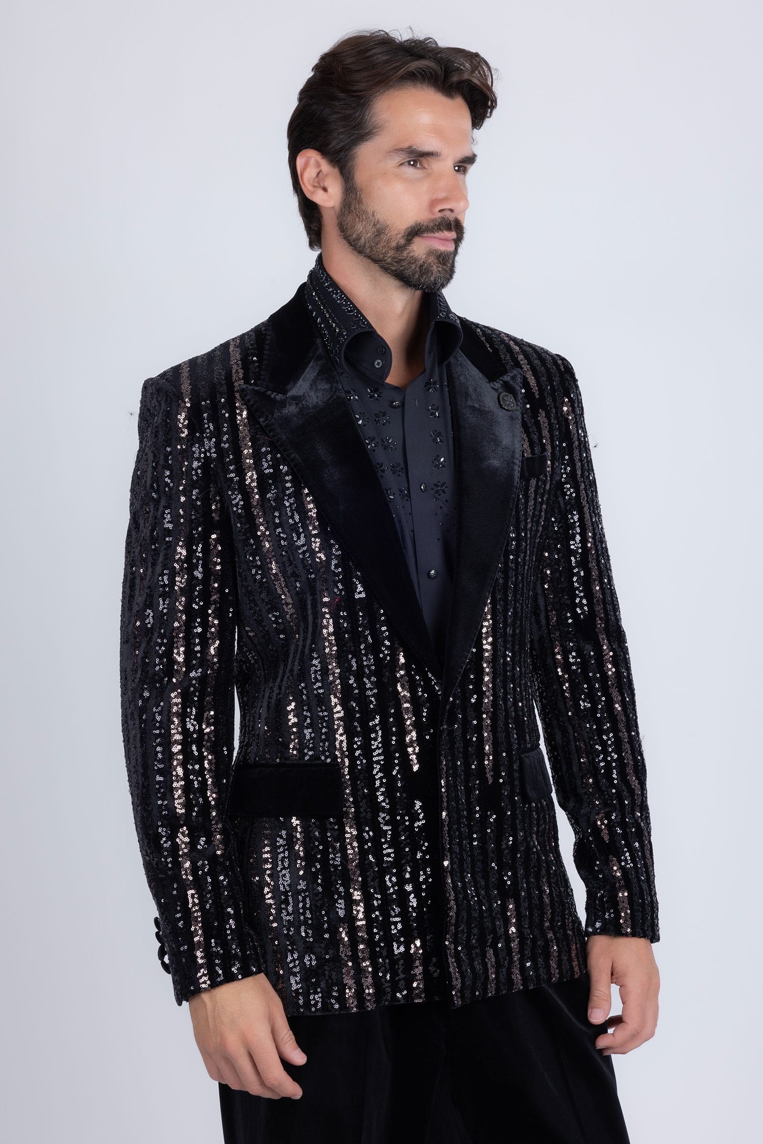 Barabas Men's Sequin Geometric Design Peak Lapel Blazer 5BL16 Black