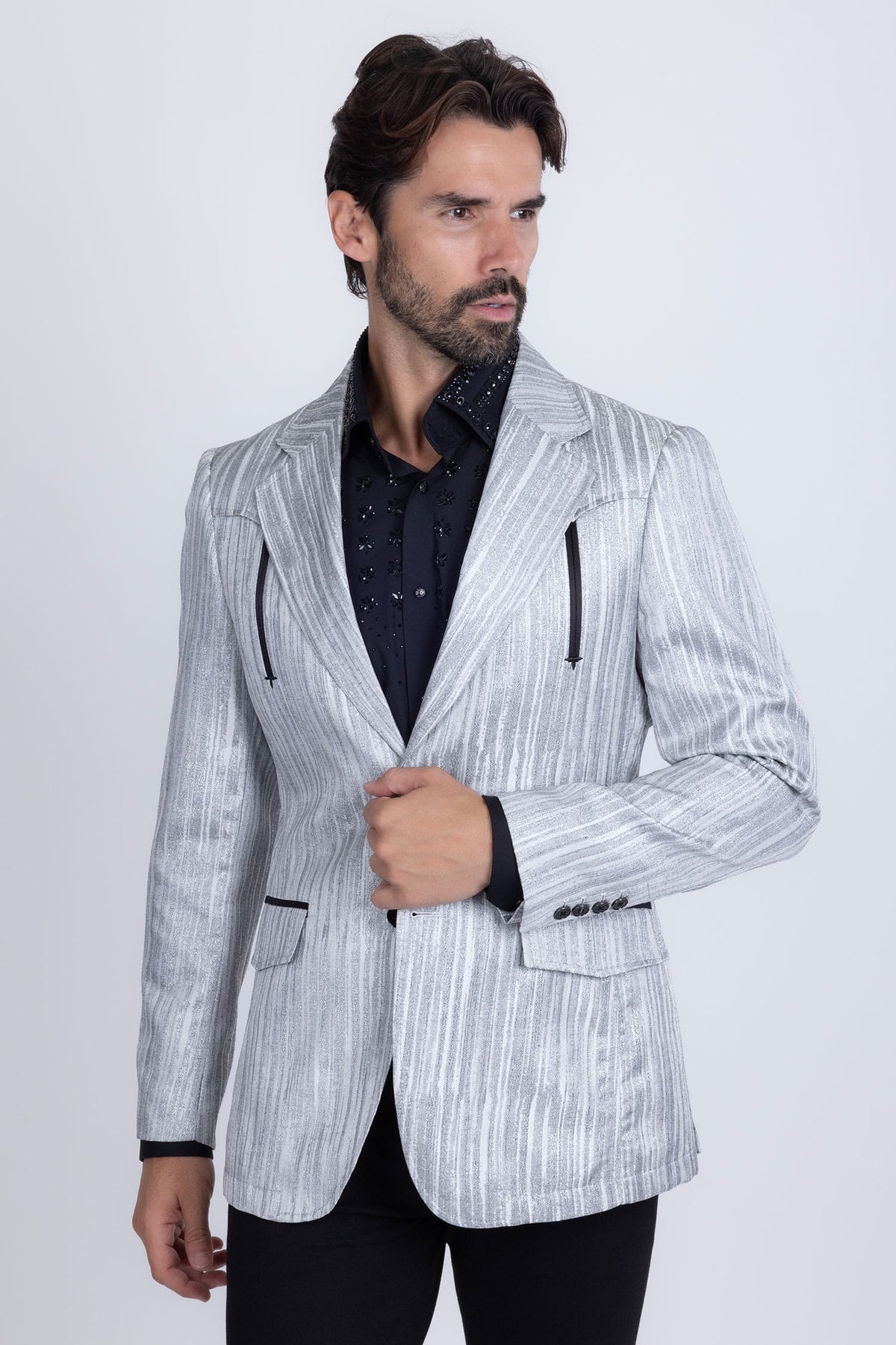 Barabas Men's Shiny Geometric Design Notch Lapel Blazer 5BL17 Grey