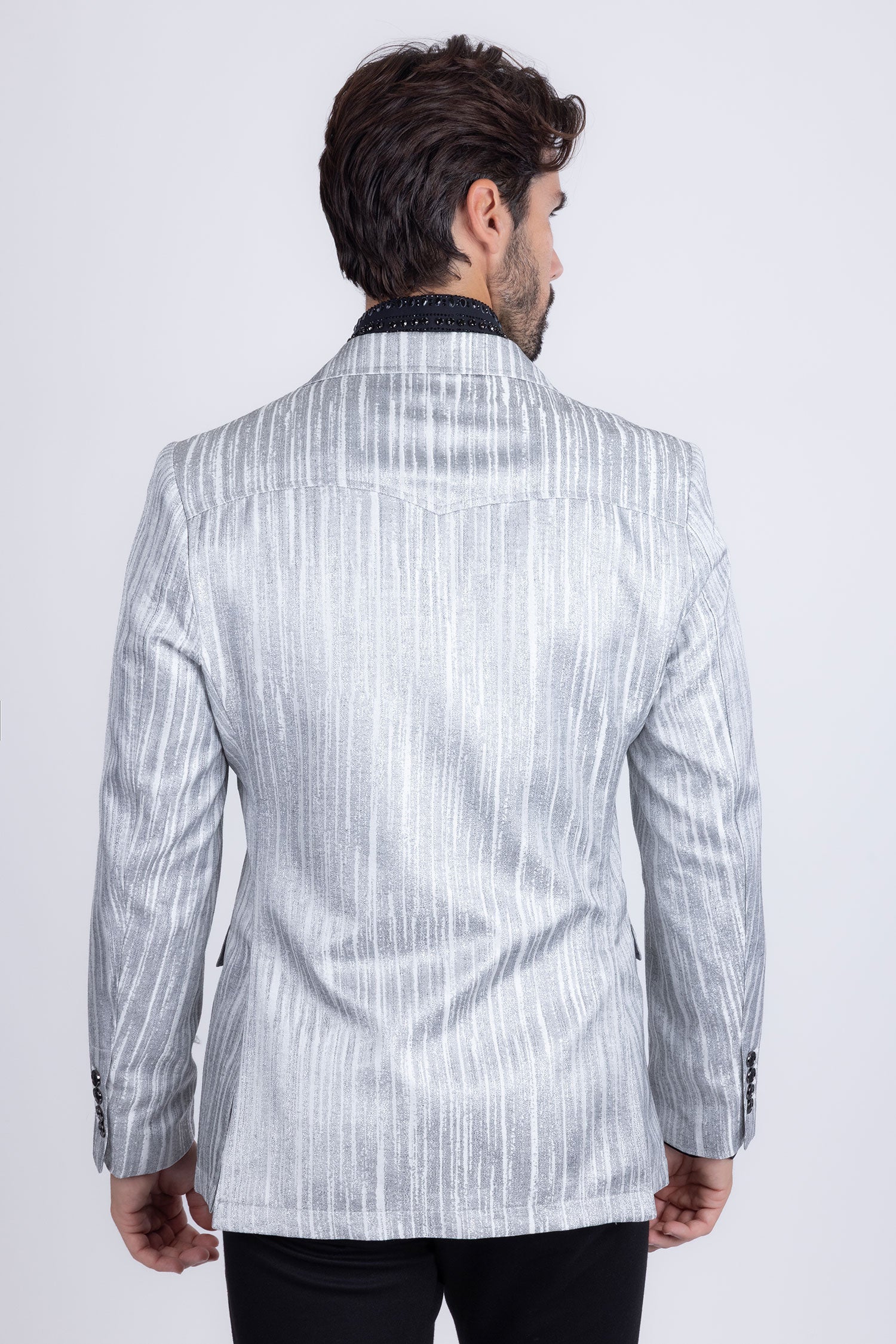 Barabas Men's Shiny Geometric Design Notch Lapel Blazer 5BL17 SIlver