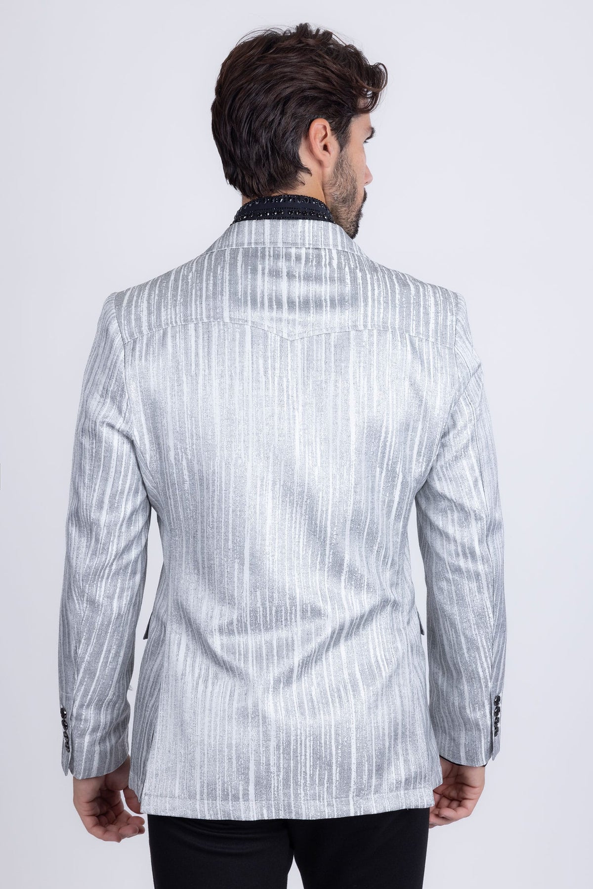 Barabas Men's Shiny Geometric Design Notch Lapel Blazer 5BL17 SIlver