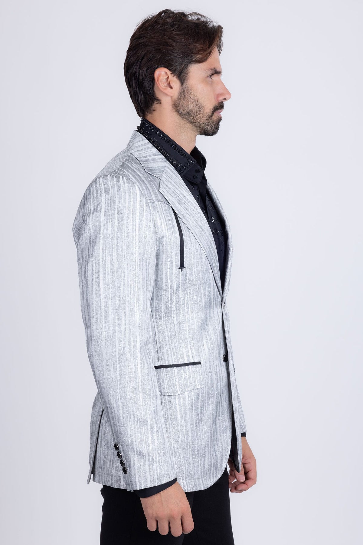 Barabas Men's Shiny Geometric Design Notch Lapel Blazer 5BL17 Charcoal