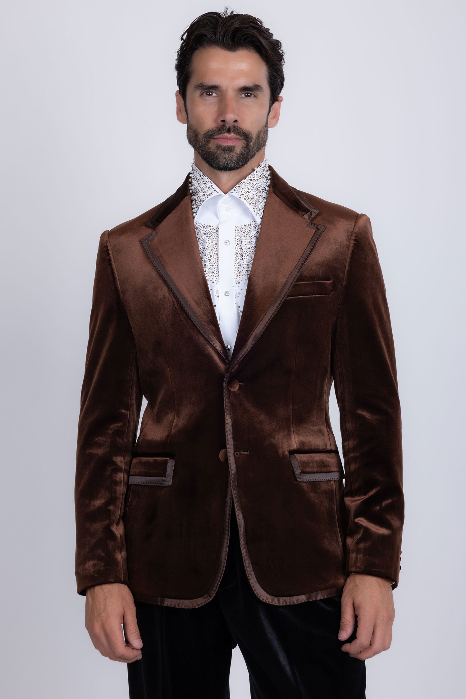 Barabas Men's Velvet Shiny Design Notch Lapel Blazer 5BL18 Coffee