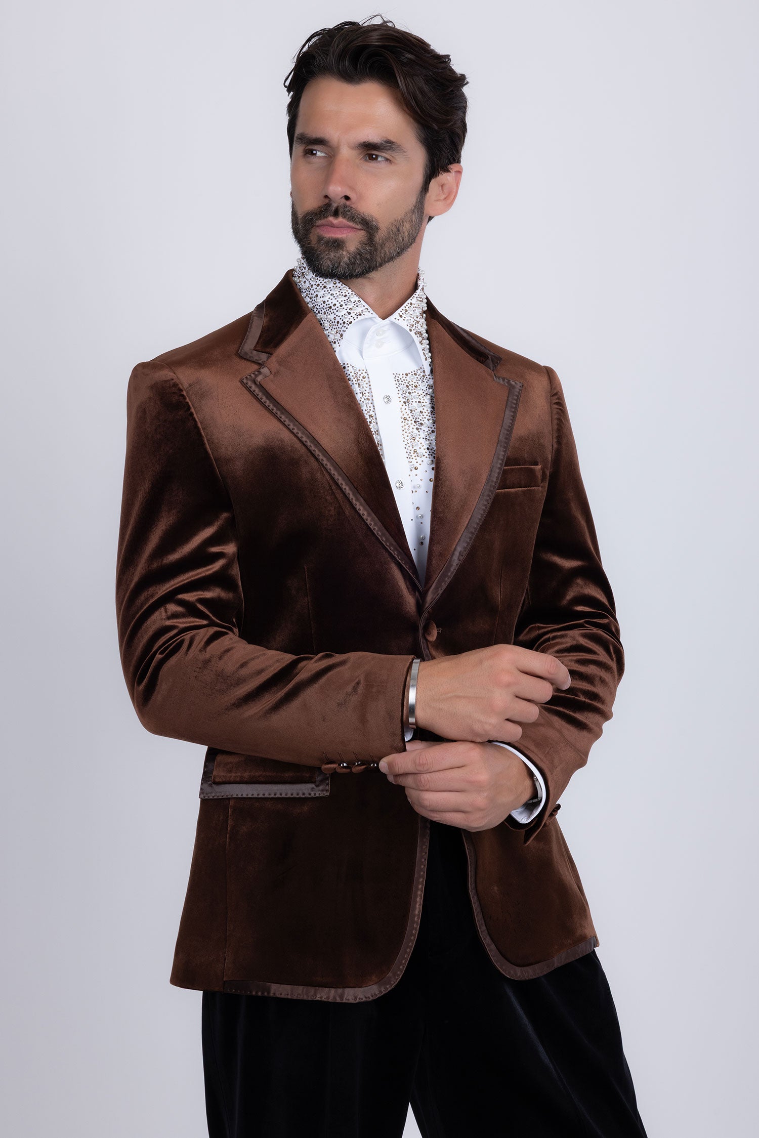 Barabas Men's Velvet Shiny Design Notch Lapel Blazer 5BL18 Coffee