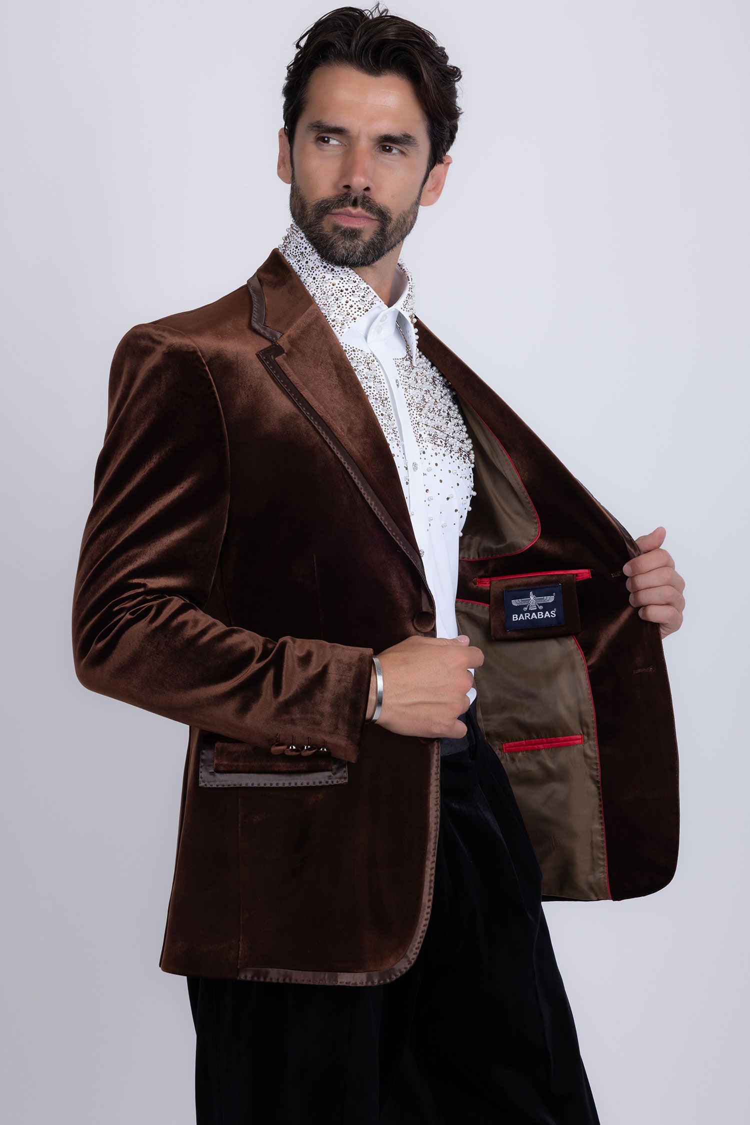 Barabas Men's Velvet Shiny Design Notch Lapel Blazer 5BL18 Coffee