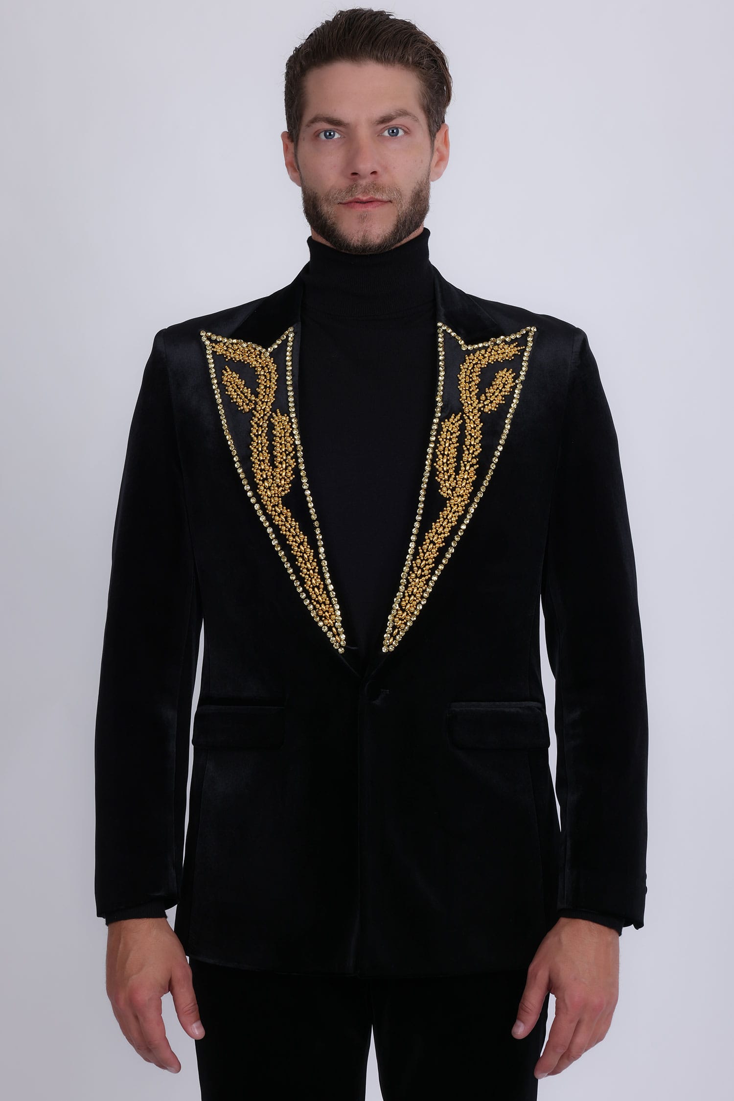 Barabas Men's Pearl Geometric Design Peak Lapel Blazer 5BL19 Black Gold