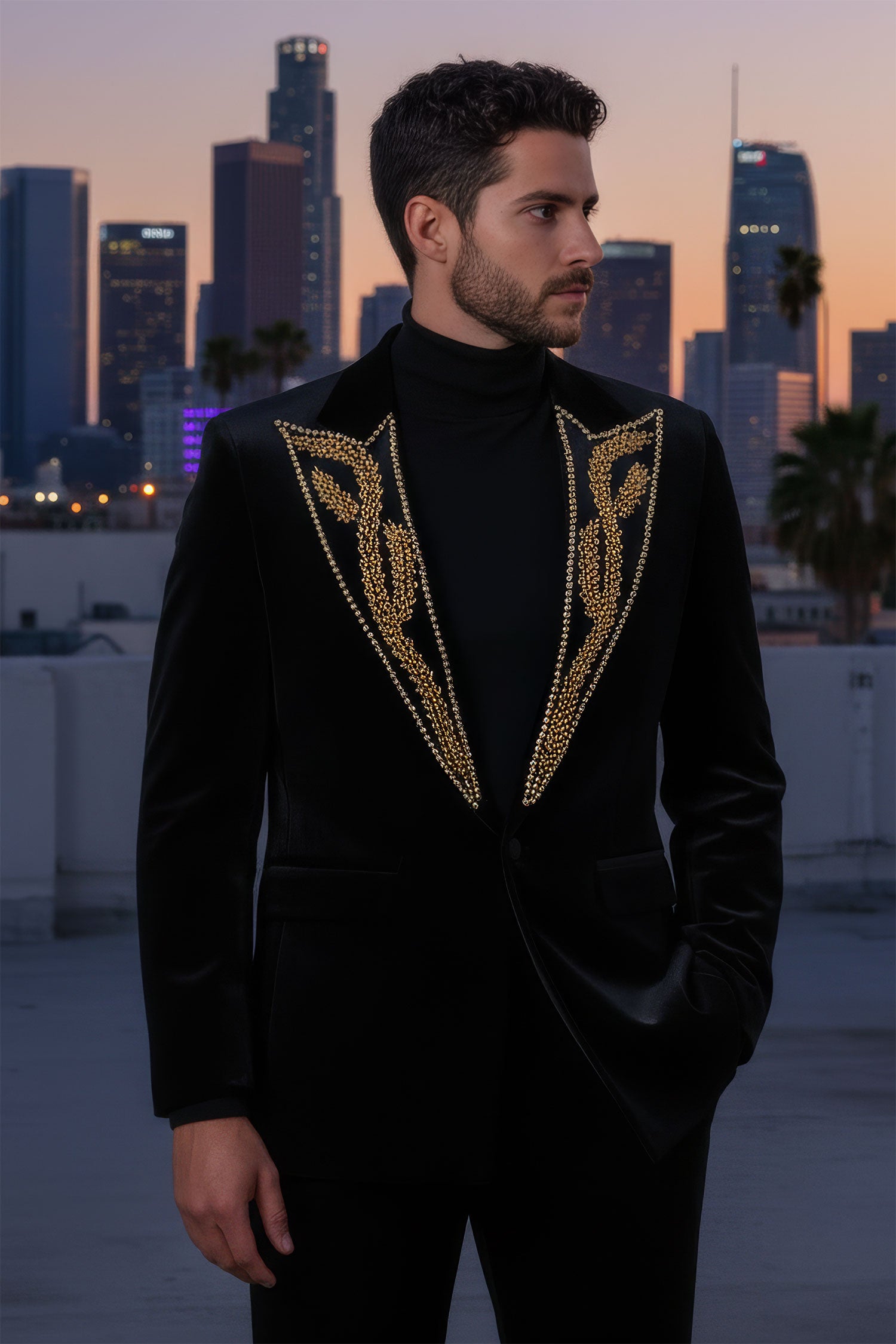 Barabas Men's Pearl Geometric Design Peak Lapel Blazer 5BL19 Black Gold