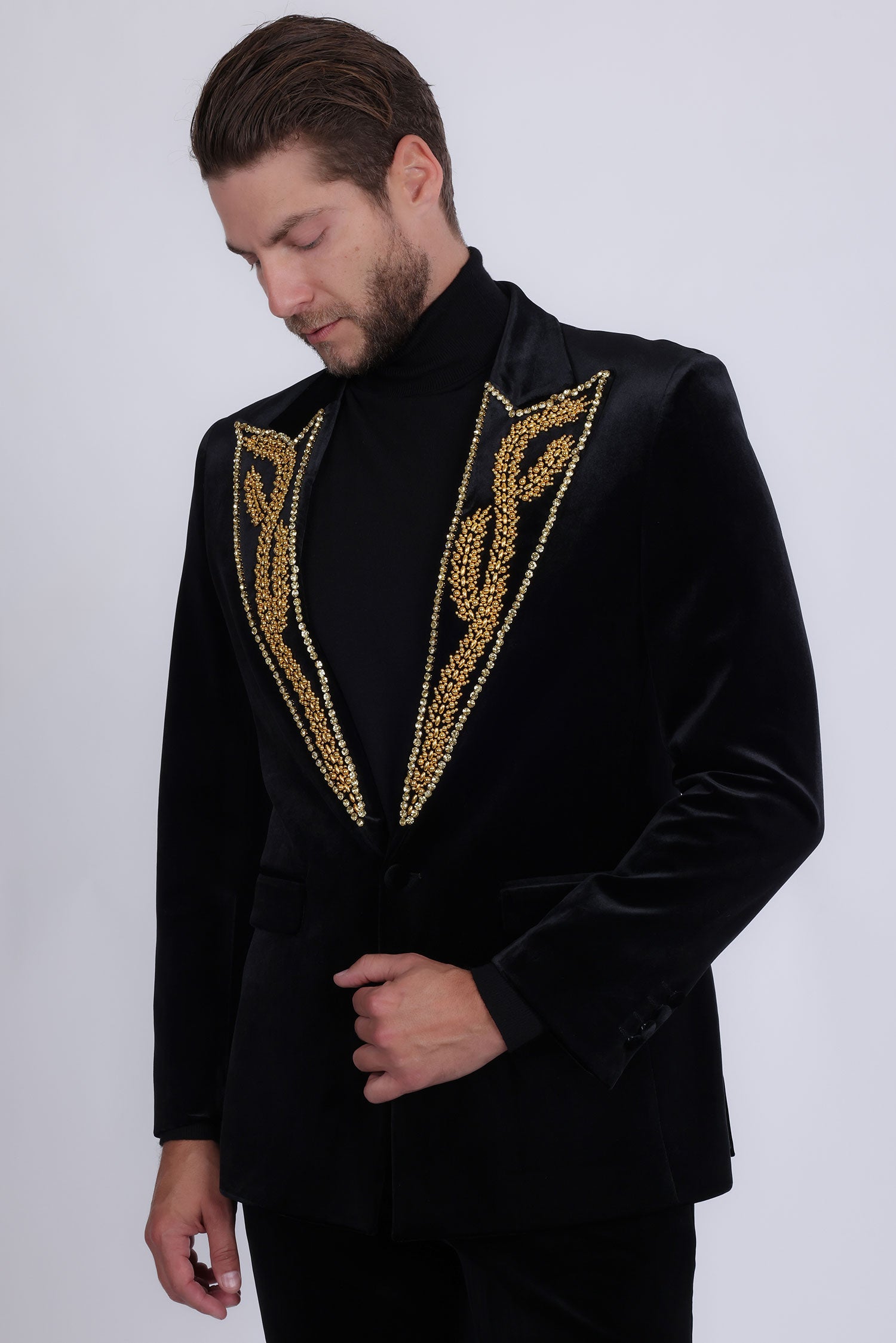 Barabas Men's Pearl Geometric Design Peak Lapel Blazer 5BL19 Black Gold