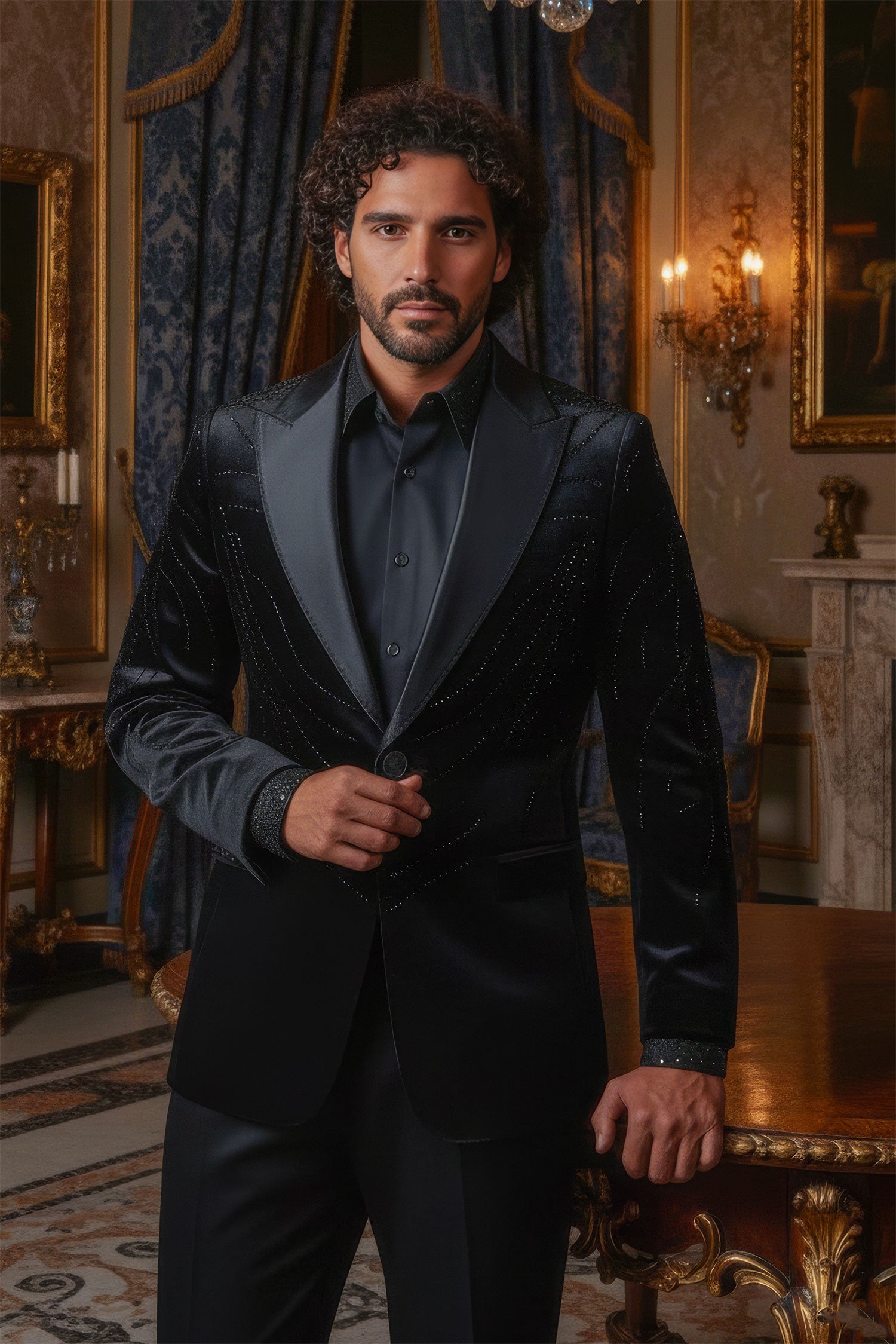 Barabas Men's Velvet Rhinestones Design Peak Lapel Blazer 5BL20 Black Silver