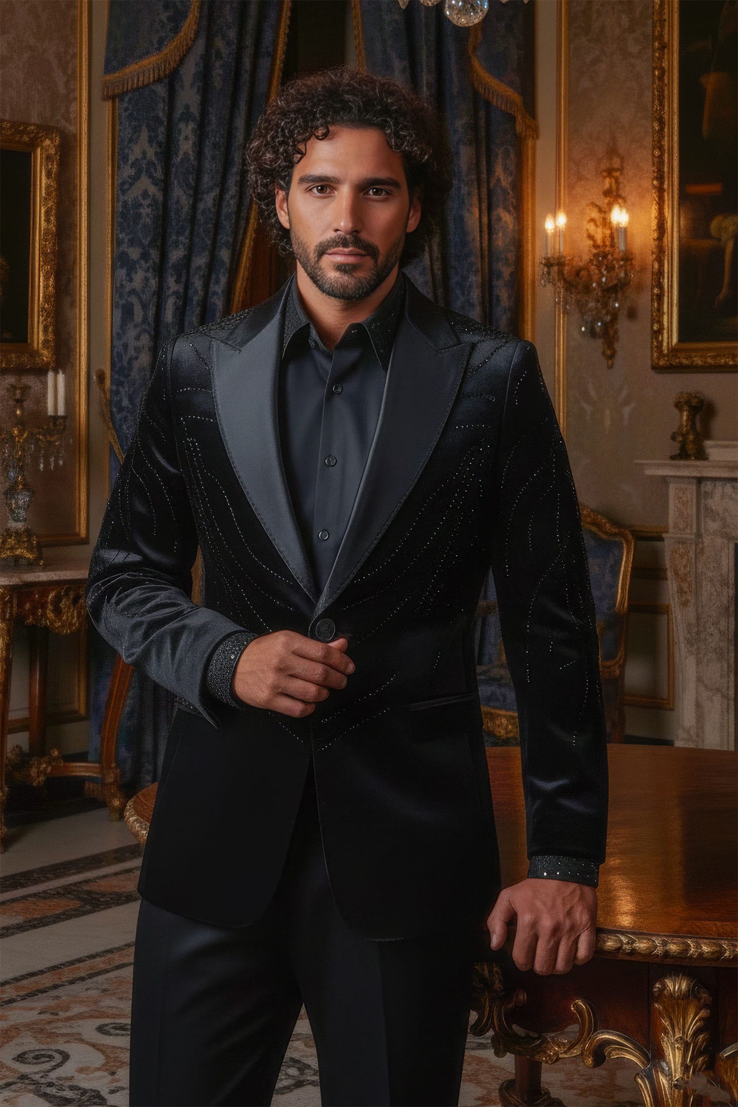 Barabas Men's Velvet Rhinestones Design Peak Lapel Blazer 5BL20 Black Silver