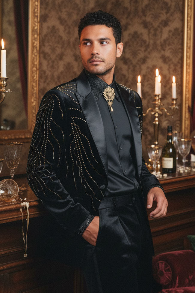 Barabas Men's Velvet Rhinestones Design Peak Lapel Blazer 5BL20 Black Gold