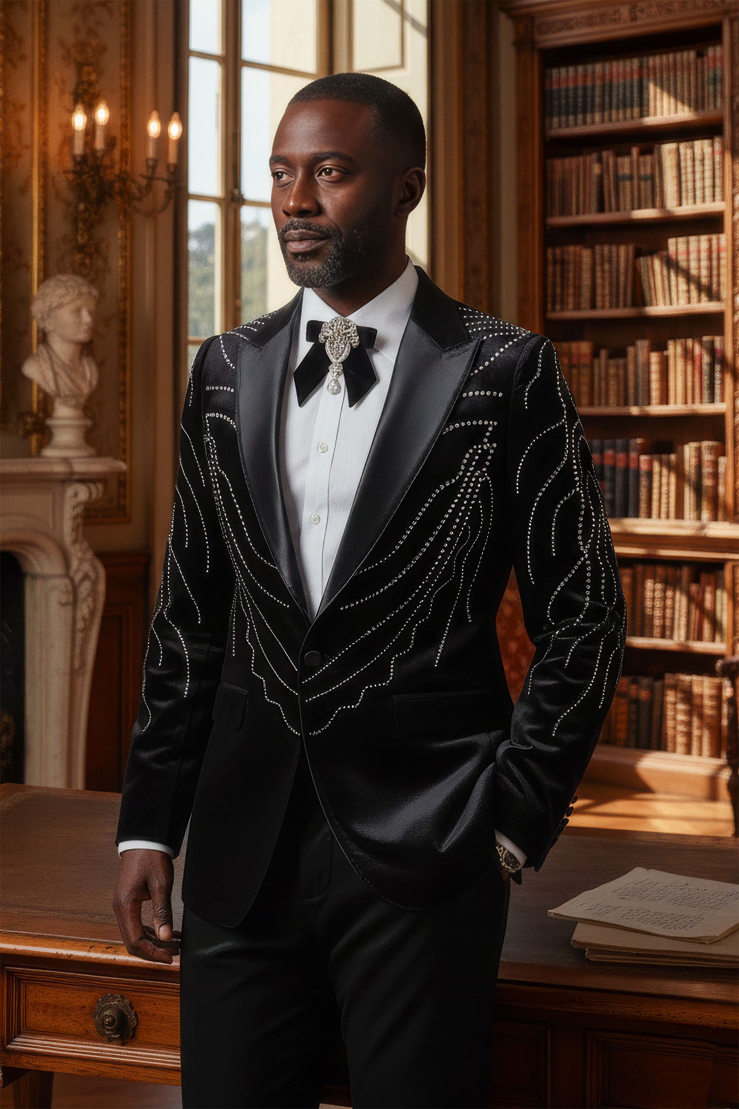 Barabas Men's Velvet Rhinestones Design Peak Lapel Blazer 5BL20 Black Silver