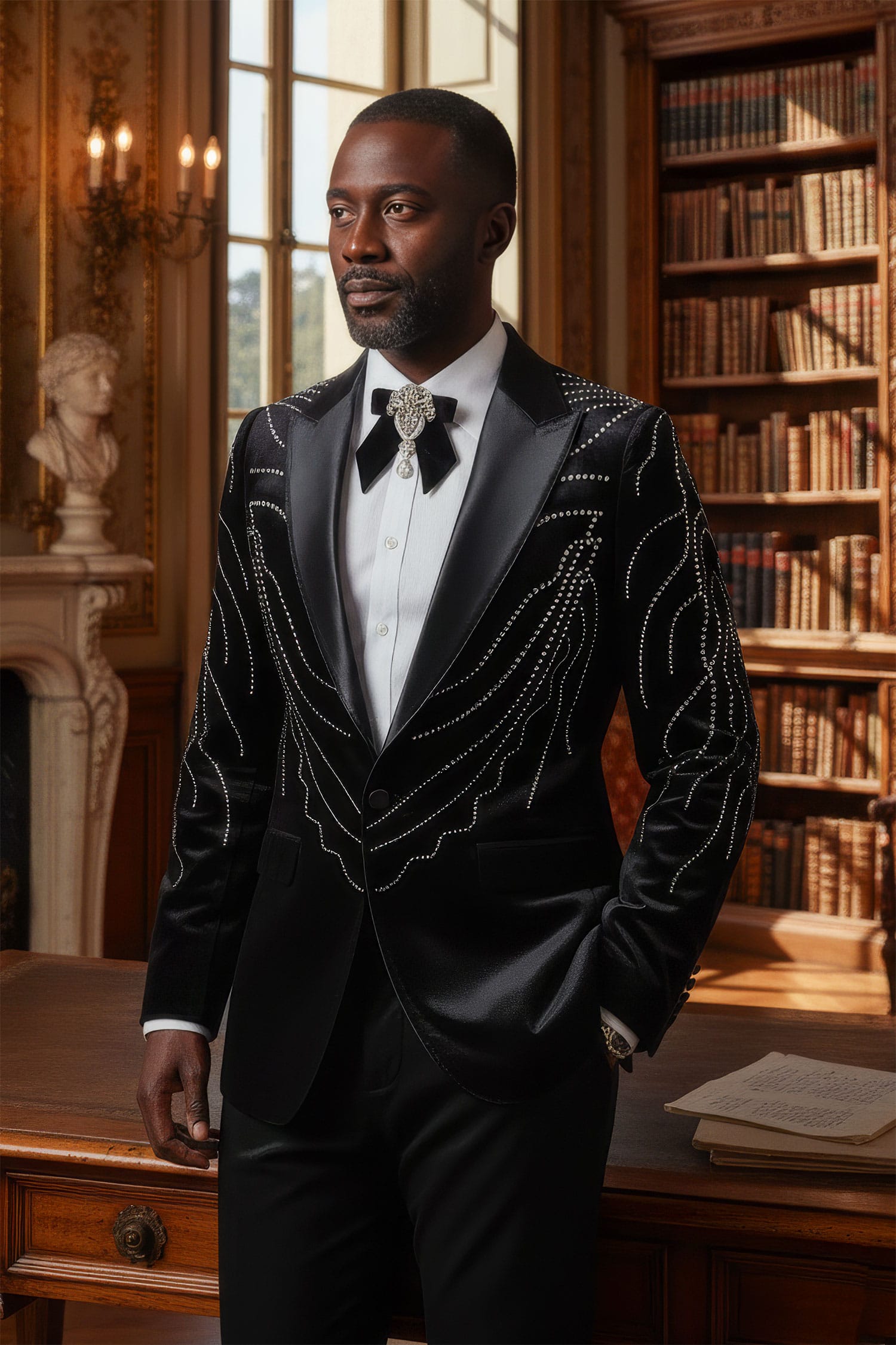 Barabas Men's Velvet Rhinestones Design Peak Lapel Blazer 5BL20 Black Silver