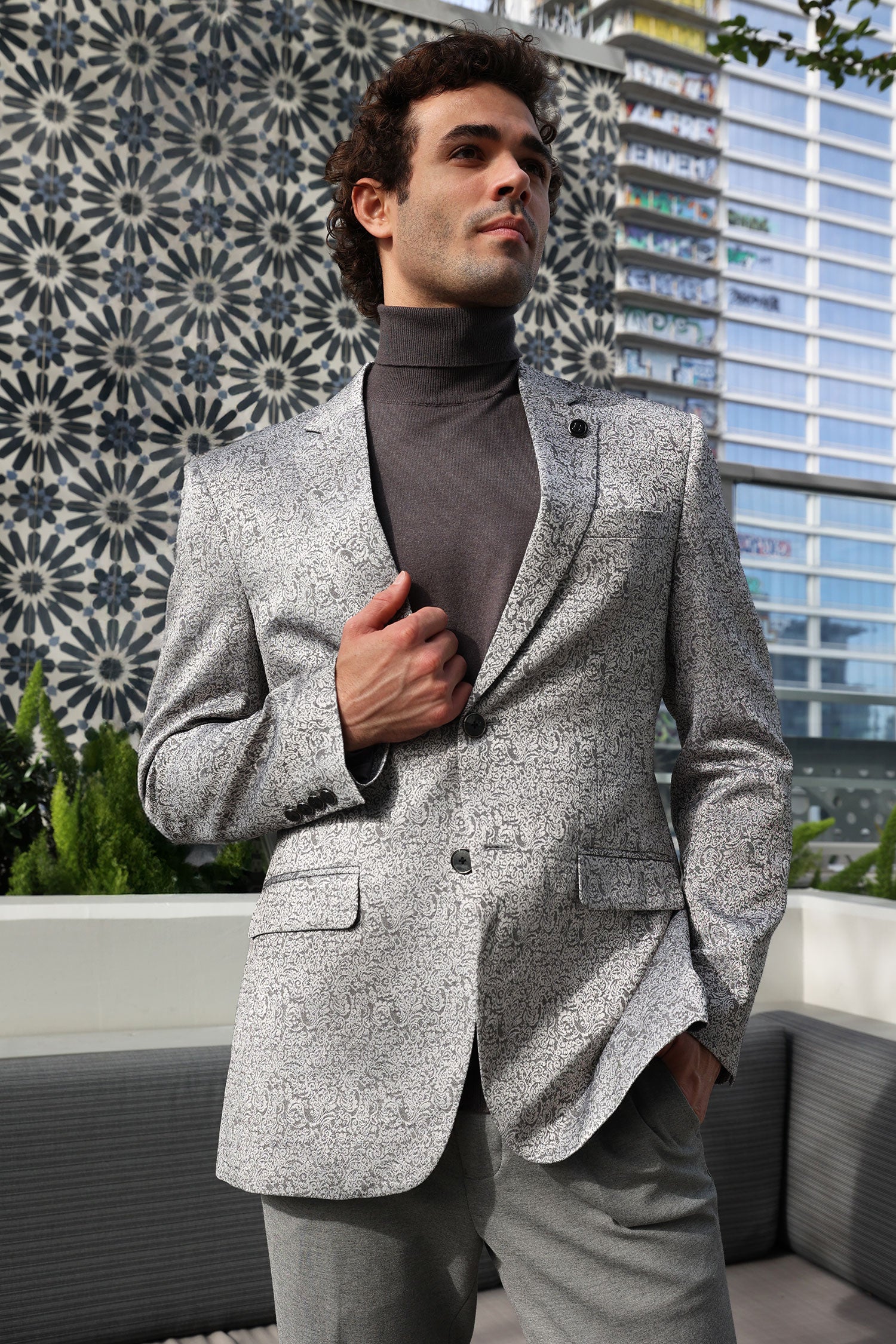 Barabas Men's Floral Geometric Design Notch Lapel Blazer 5BL21 Silver