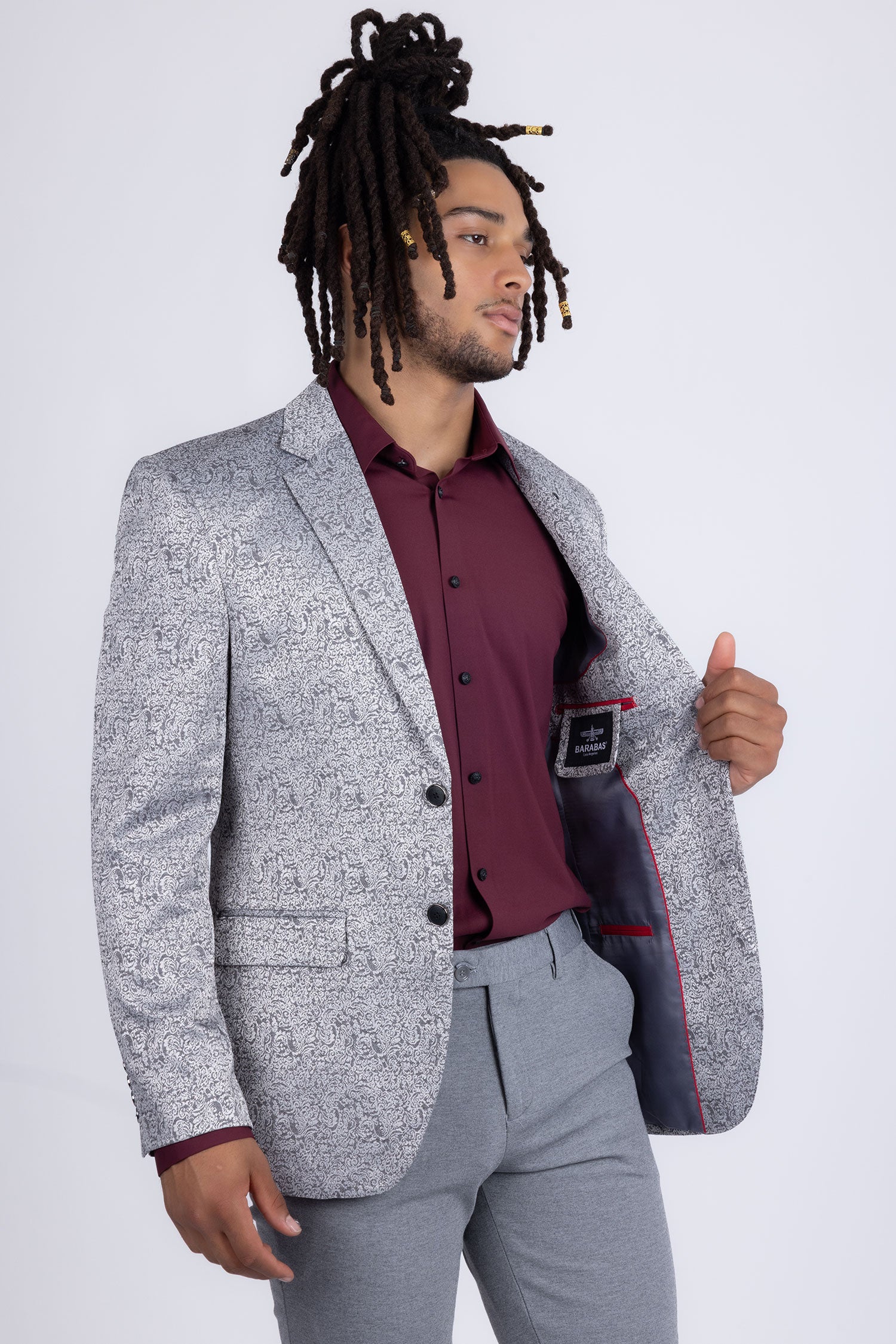 Barabas Men's Floral Geometric Design Notch Lapel Blazer 5BL21 Silver