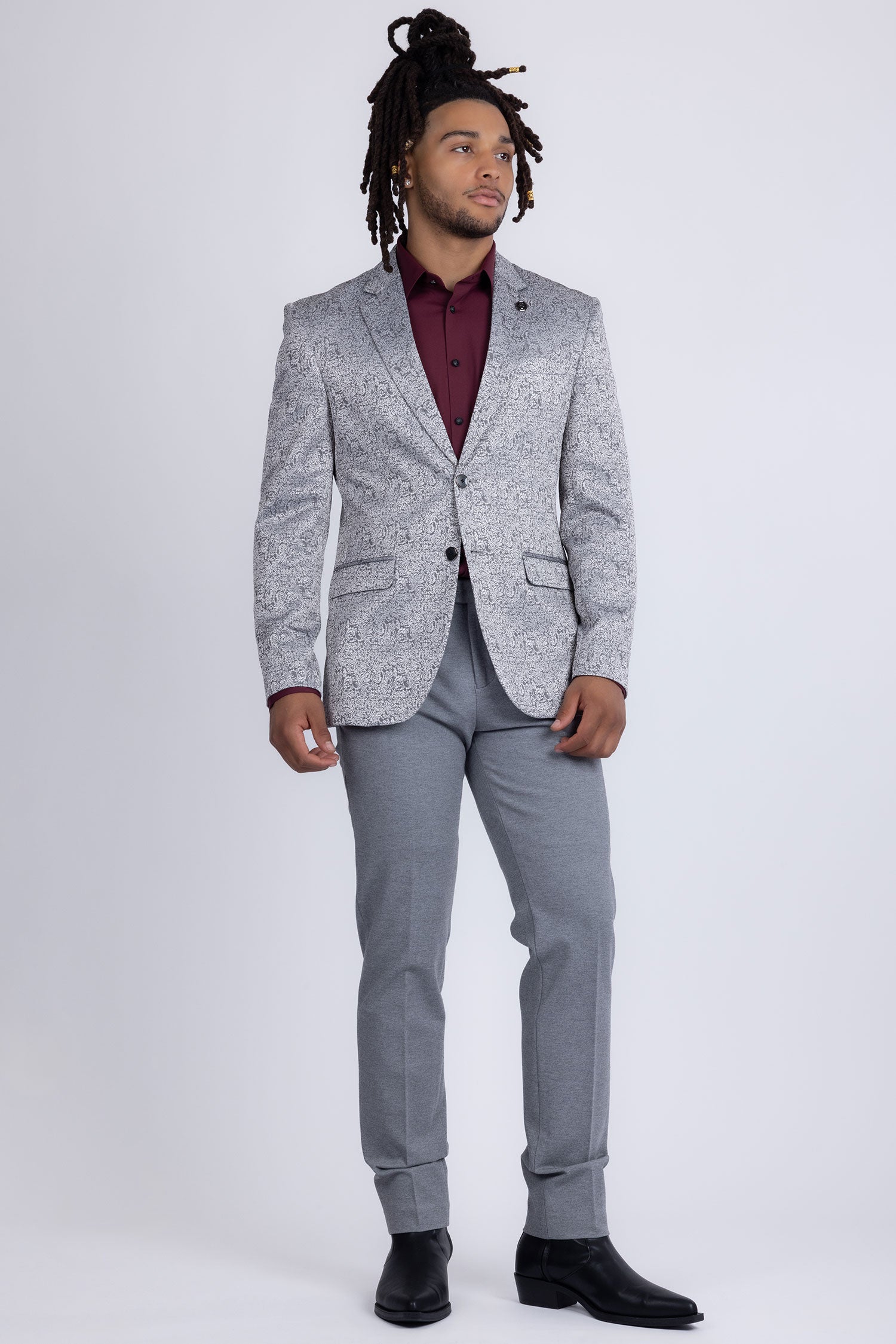 Barabas Men's Floral Geometric Design Notch Lapel Blazer 5BL21 Silver