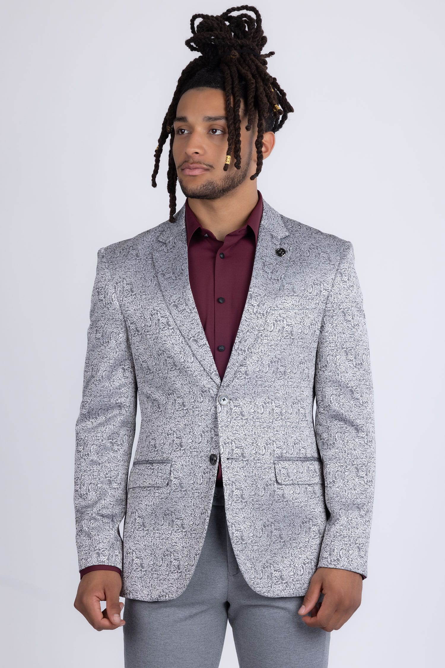 Barabas Men's Floral Geometric Design Notch Lapel Blazer 5BL21 Silver