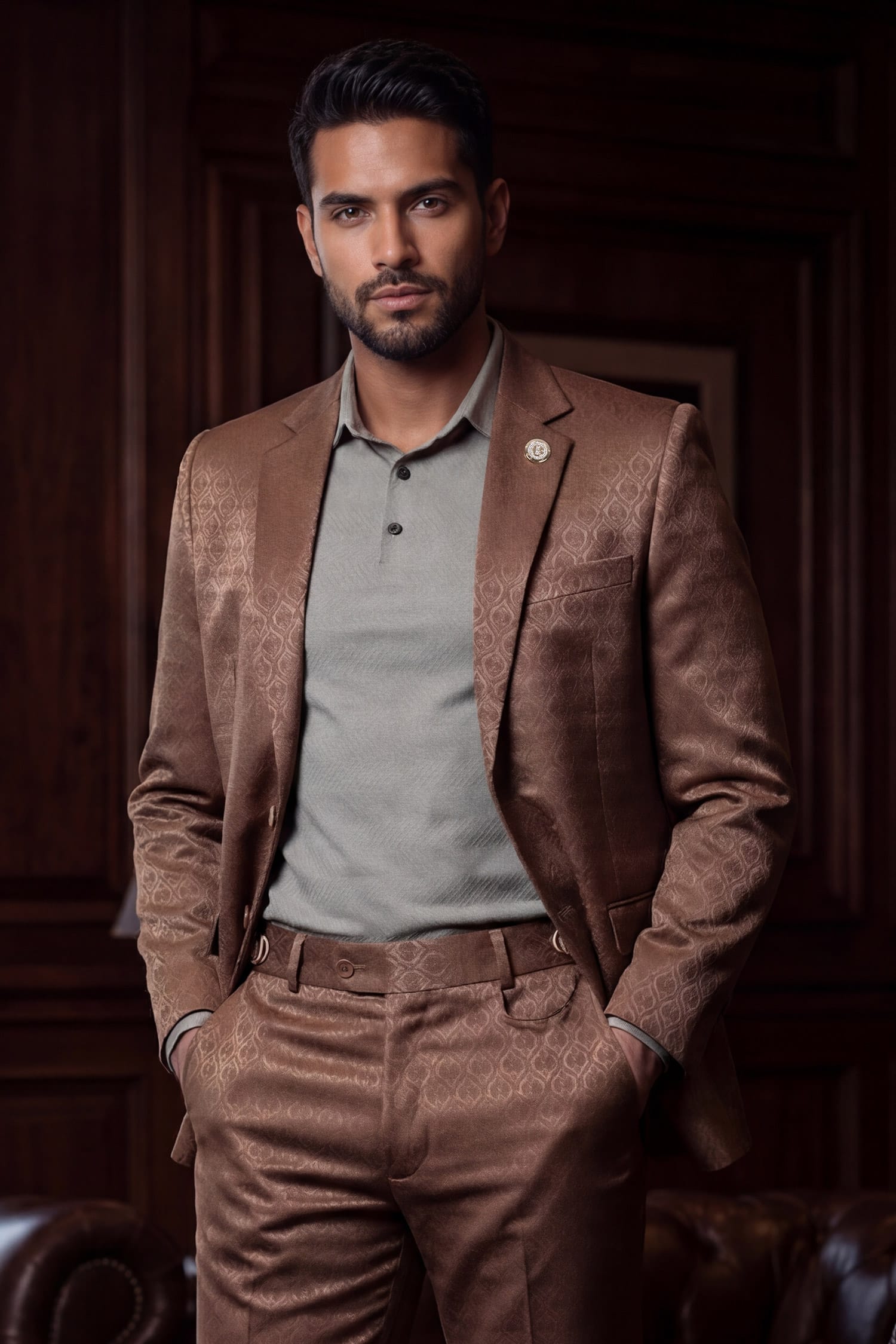 Barabas Men's Floral Pattern Notch Lapel Casual Blazer 5BL24 Golden Brown