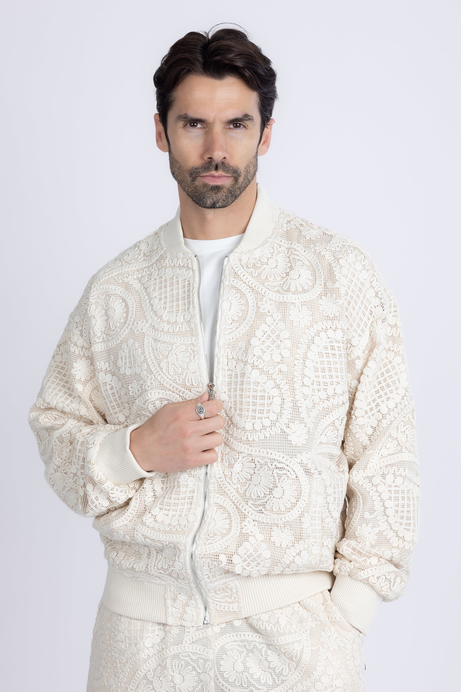 Barabas Men's Paisley Geometric Stretch Luxury Bomber Jacket 5BP02 Bone