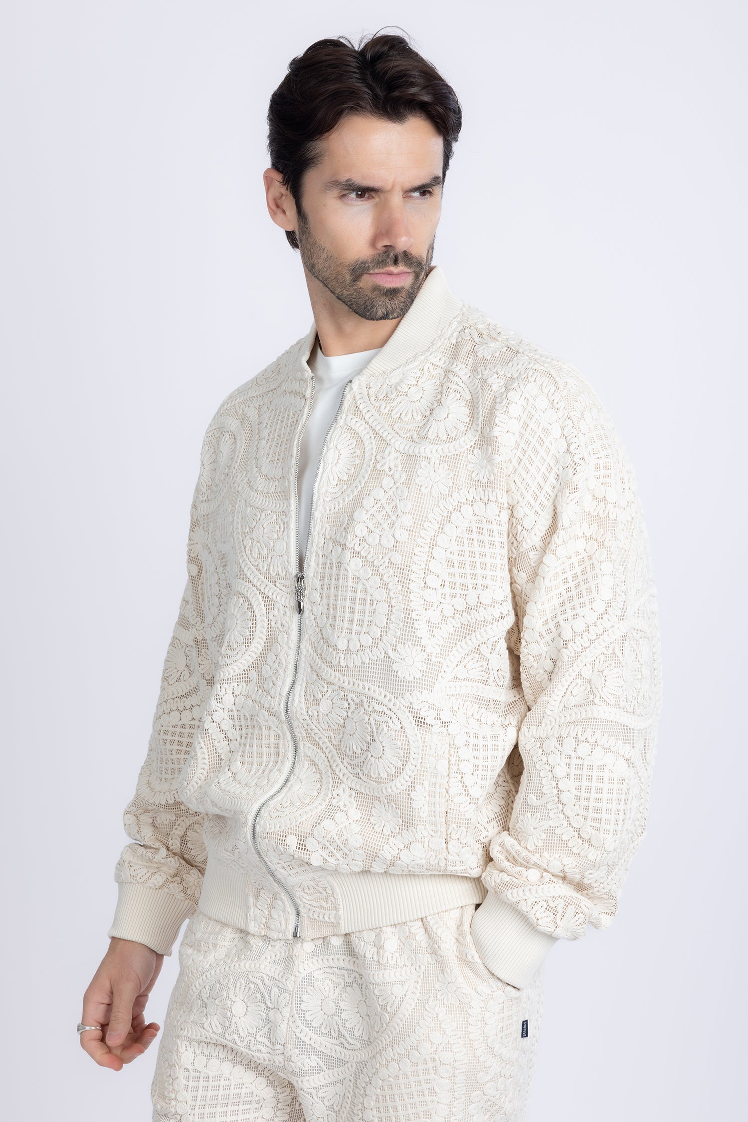 Barabas Men's Paisley Geometric Stretch Luxury Bomber Jacket 5BP02 Bone