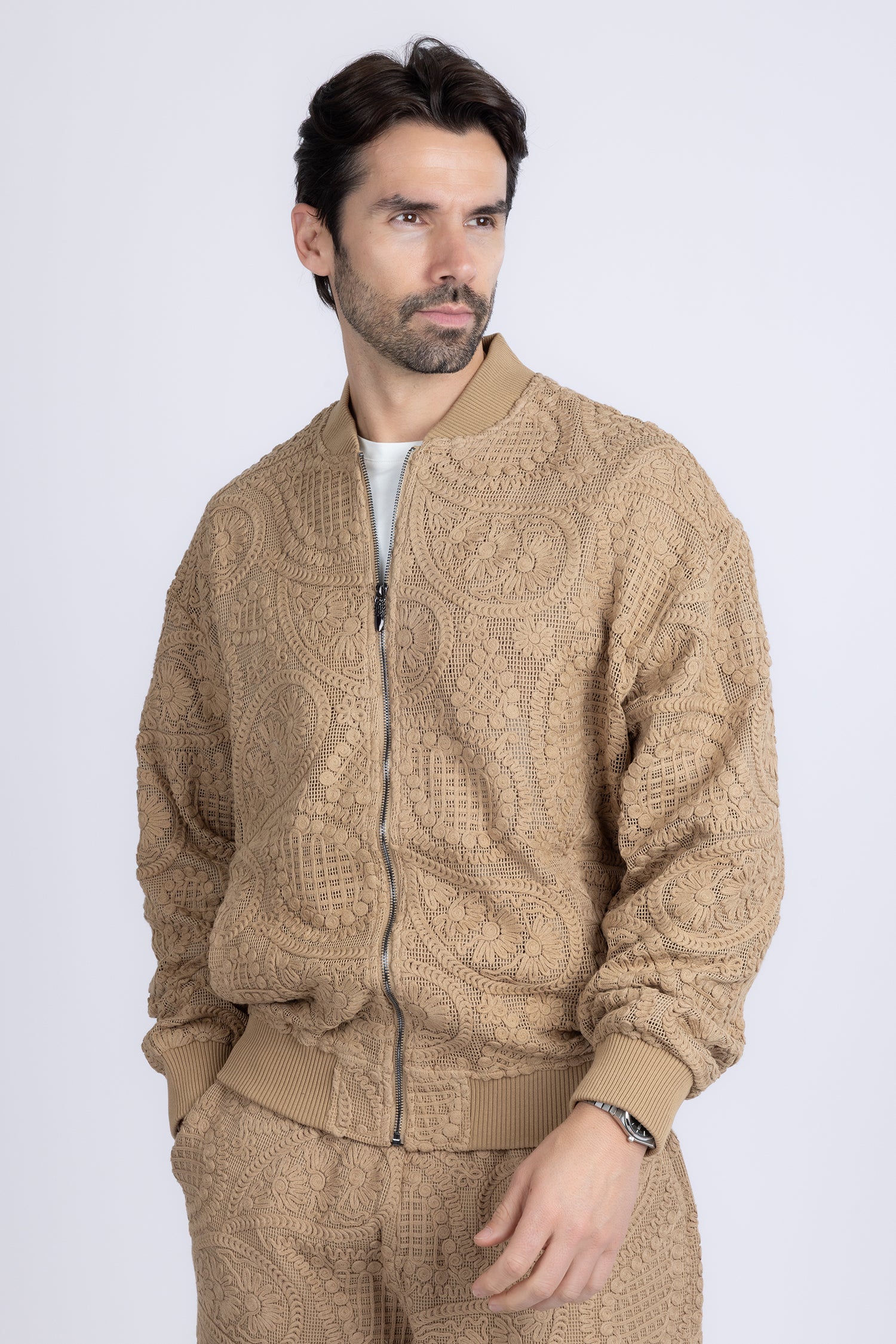 Barabas Men's Paisley Geometric Stretch Luxury Bomber Jacket 5BP02 Camel