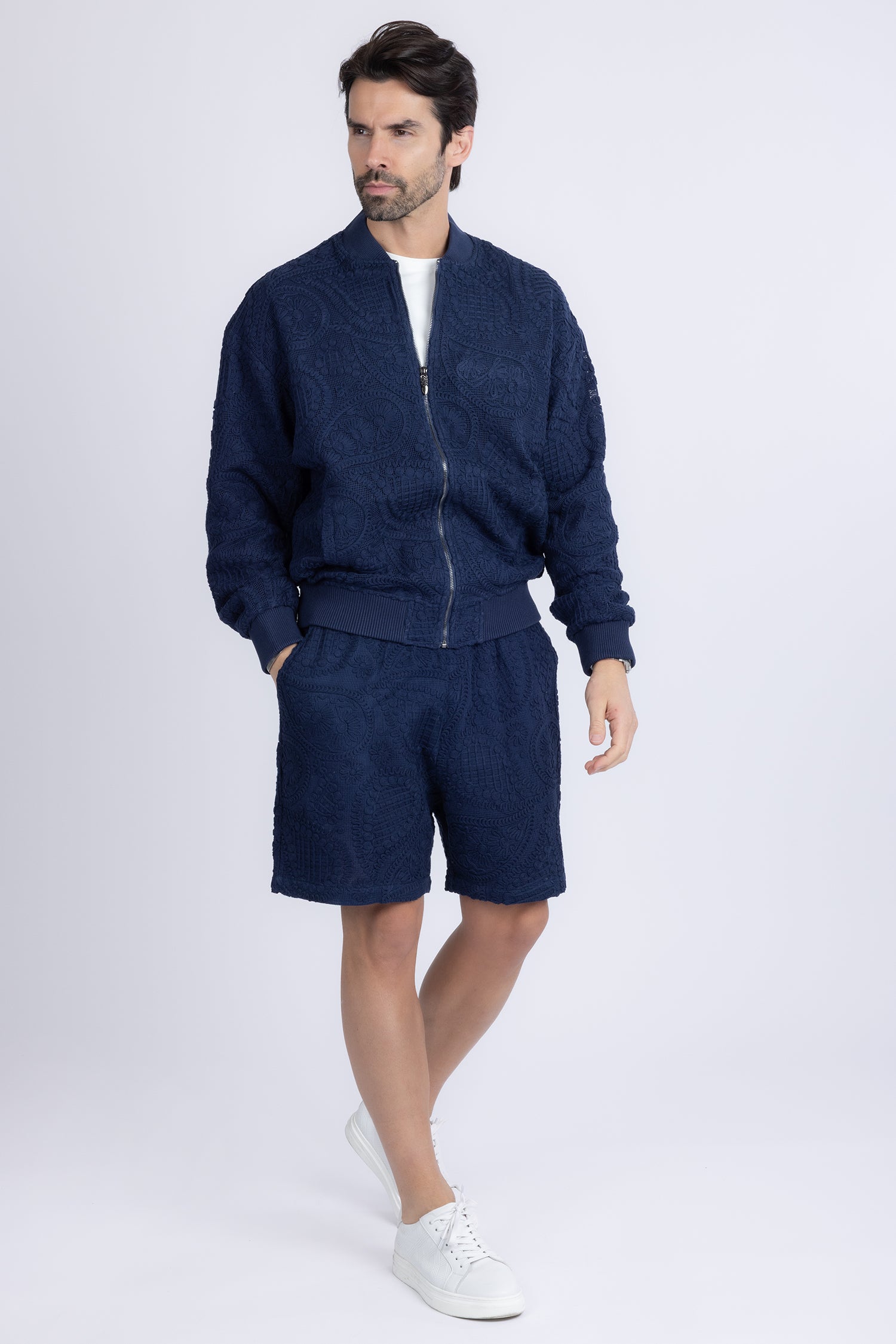 Barabas Men's Paisley Geometric Stretch Luxury Bomber Jacket 5BP02 Navy